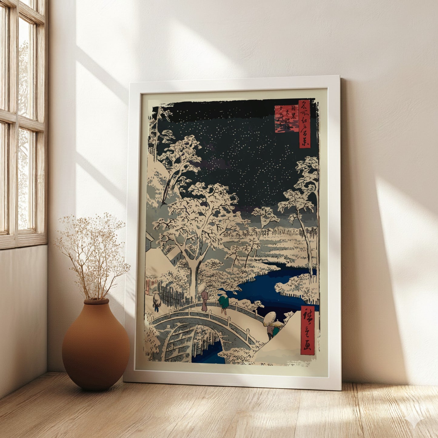 Japanese woodblock print poster of a snowy night scene with a bridge, trees, and stars.