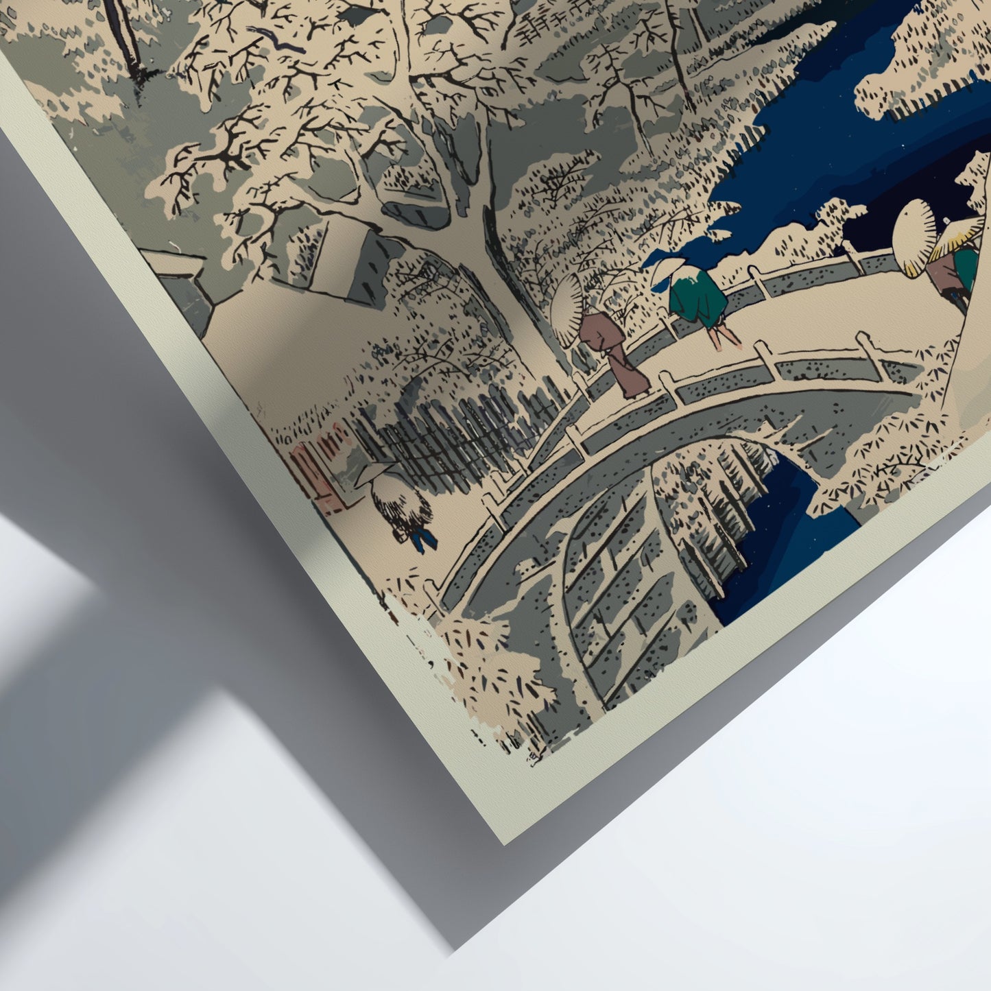Japanese woodblock print poster of a snowy night scene with a bridge, trees, and stars.