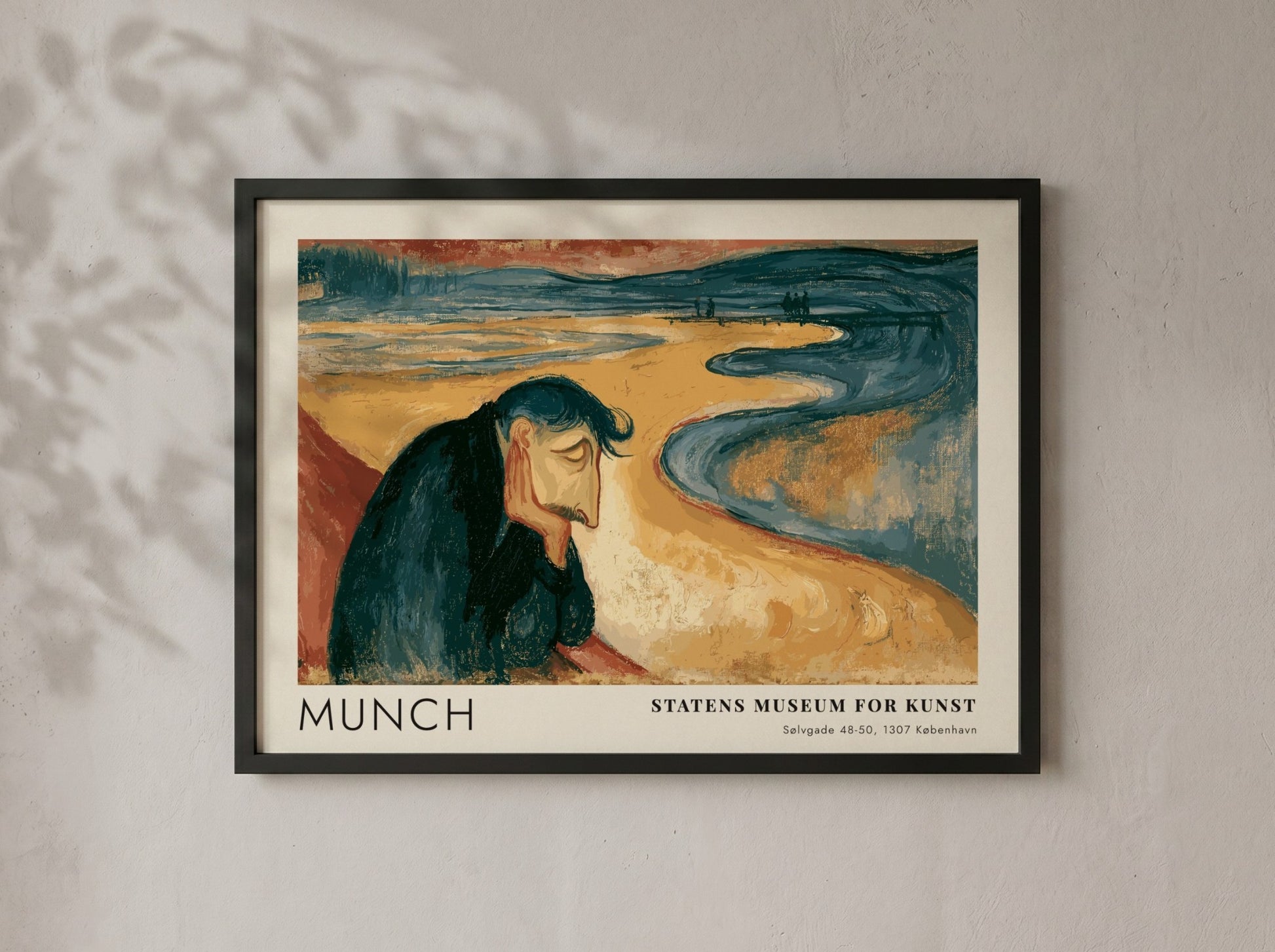 Framed Munch Melancholy exhibition print featuring a pensive man on a golden beach.