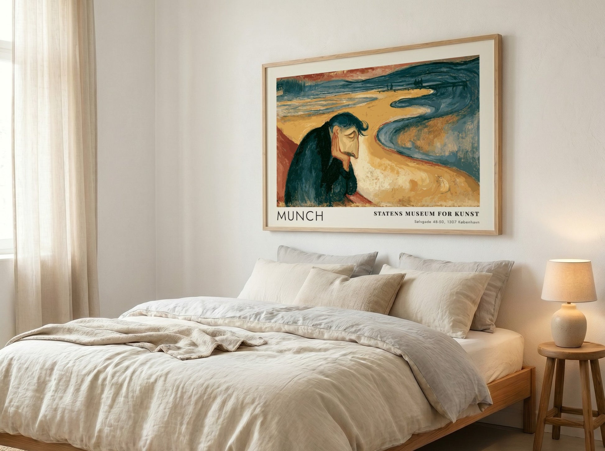 Framed Munch Melancholy exhibition print featuring a pensive man on a golden beach.
