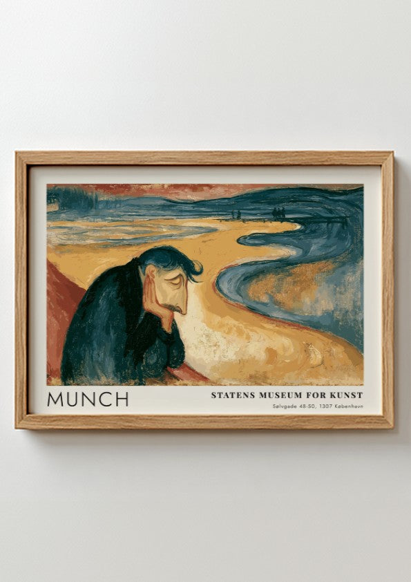 Framed Munch Melancholy exhibition print featuring a pensive man on a golden beach.