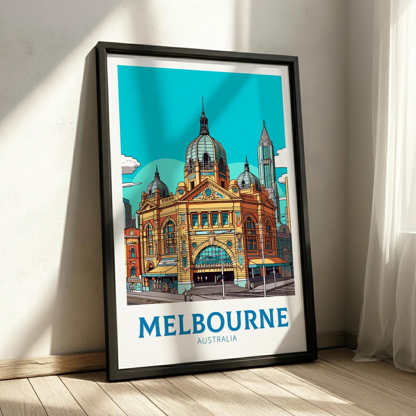 Framed poster of Melbourne, Australia with a colorful illustration of a building.