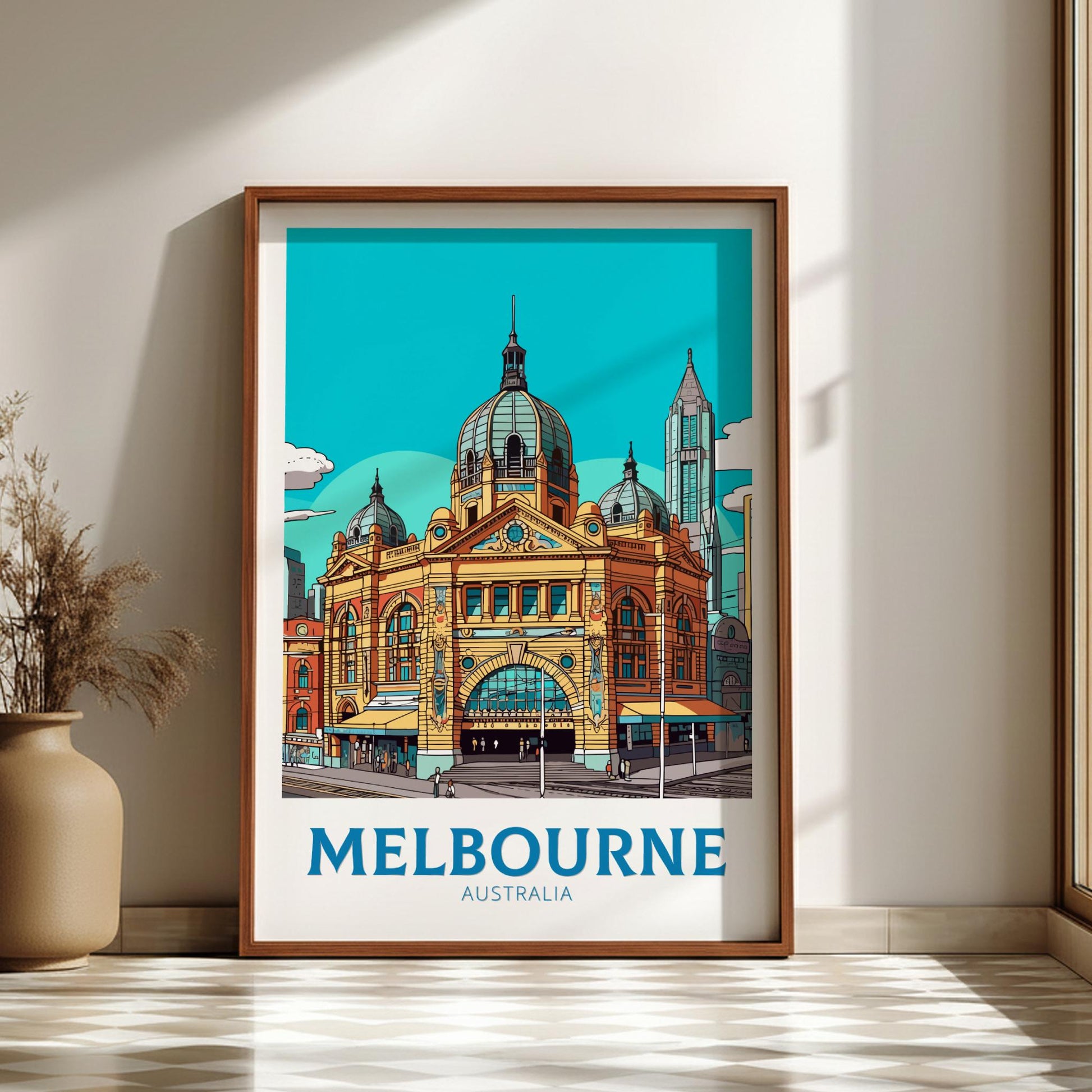 Framed artwork of Melbourne, Australia with a building on a blue sky background.