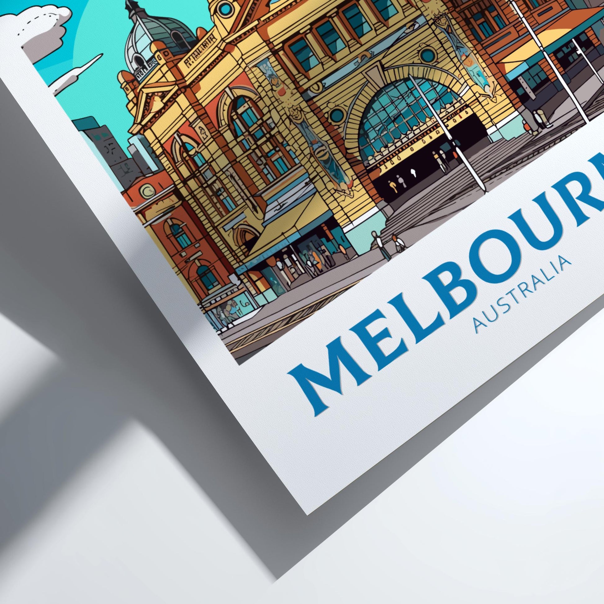 Illustration of a Melbourne landmark with 'Melbourne Australia' text on a white background