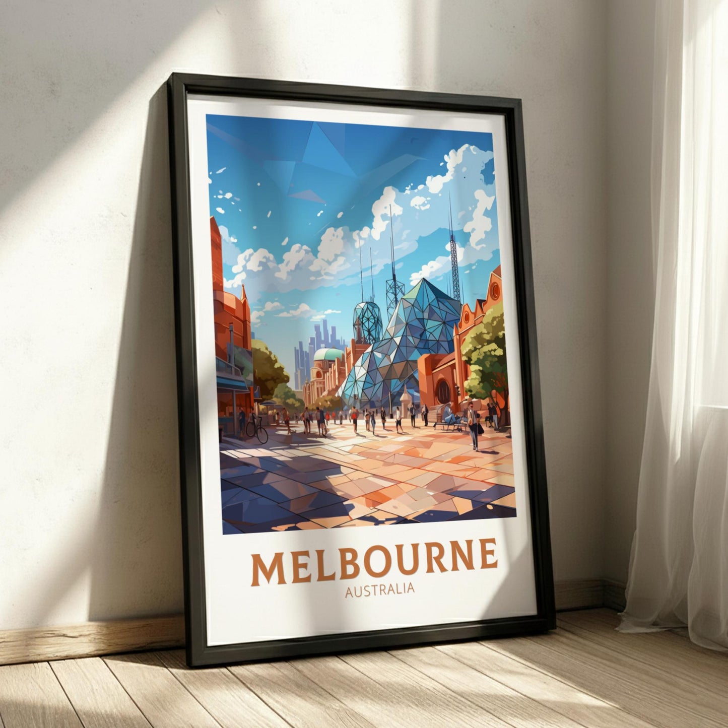 Framed poster of Melbourne, Australia with a colorful cityscape.