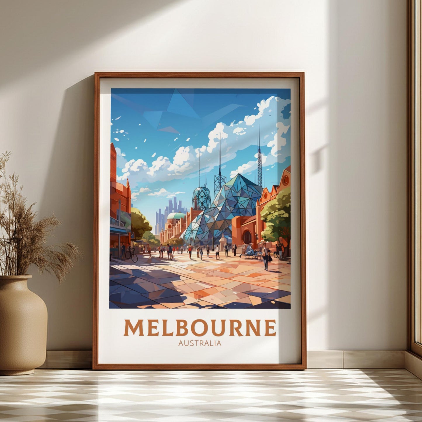 Framed artwork of Melbourne, Australia on a wall with a vase and plant.
