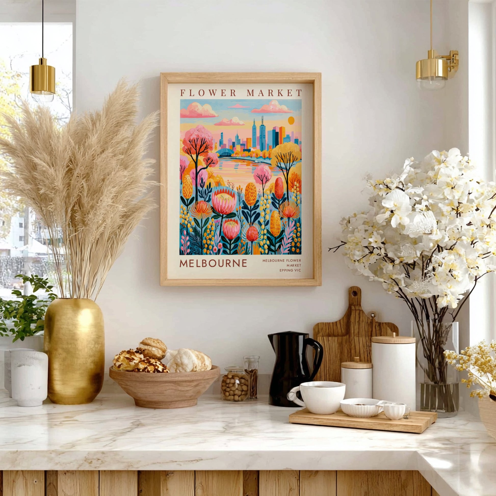 Flower market poster featuring colorful flowers and Melbourne city skyline in vibrant colors