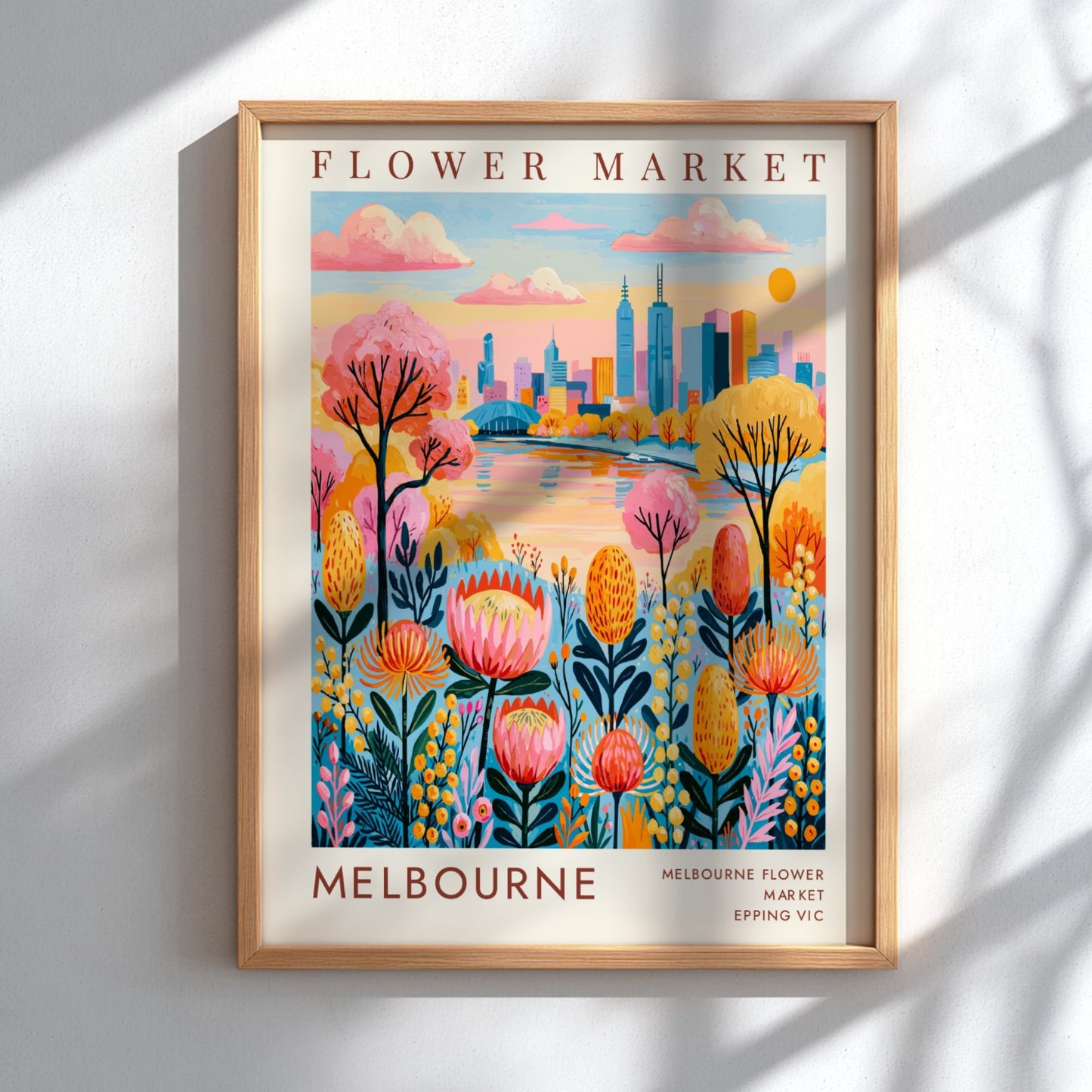 Flower market poster featuring colorful flowers and Melbourne city skyline in vibrant colors