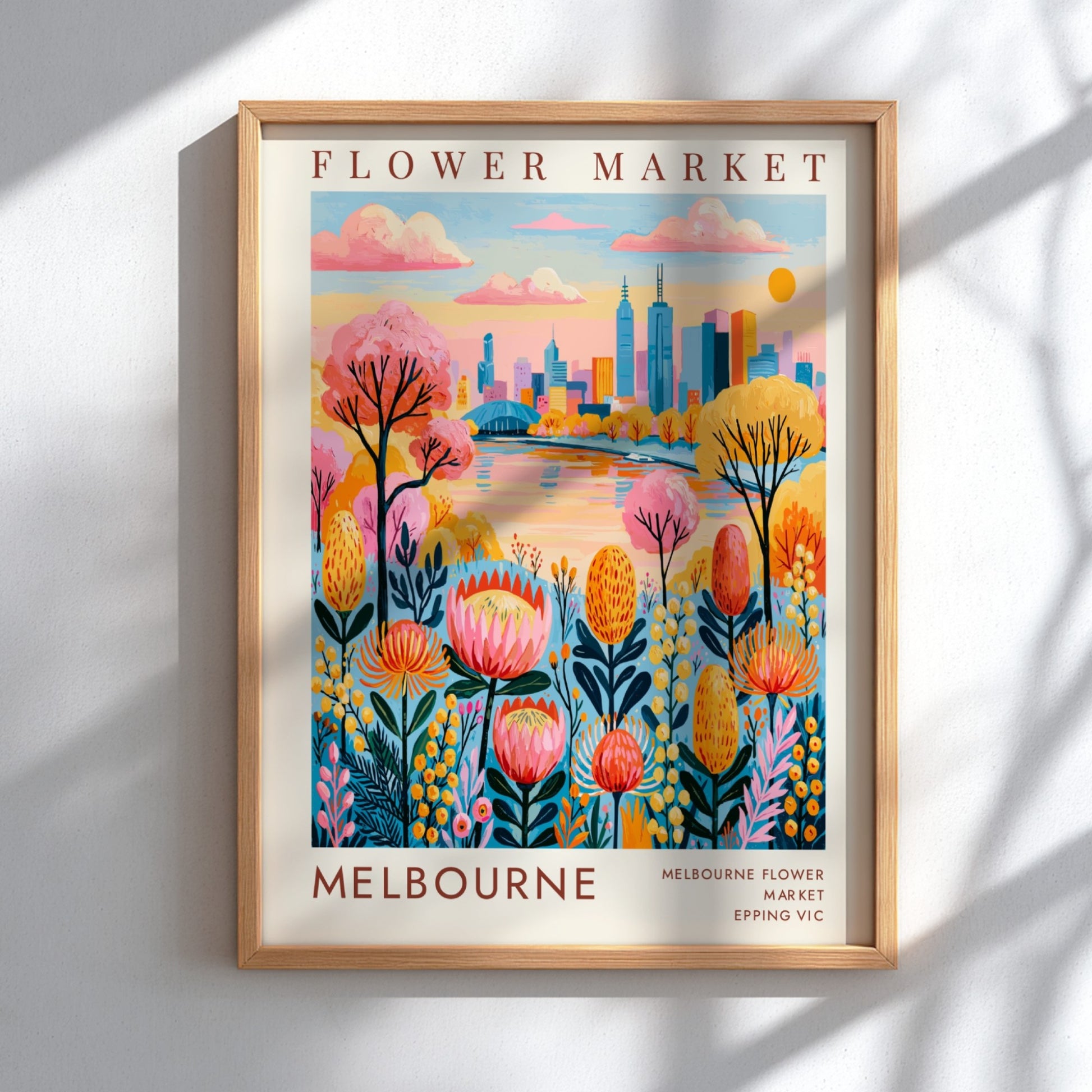 Flower market poster featuring colorful flowers and Melbourne city skyline in vibrant colors