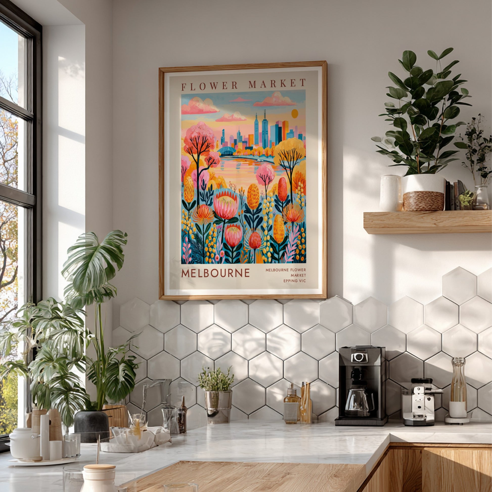 Flower market poster featuring colorful flowers and Melbourne city skyline in vibrant colors