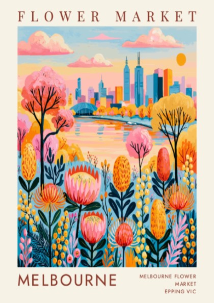 Flower market poster featuring colorful flowers and Melbourne city skyline in vibrant colors
