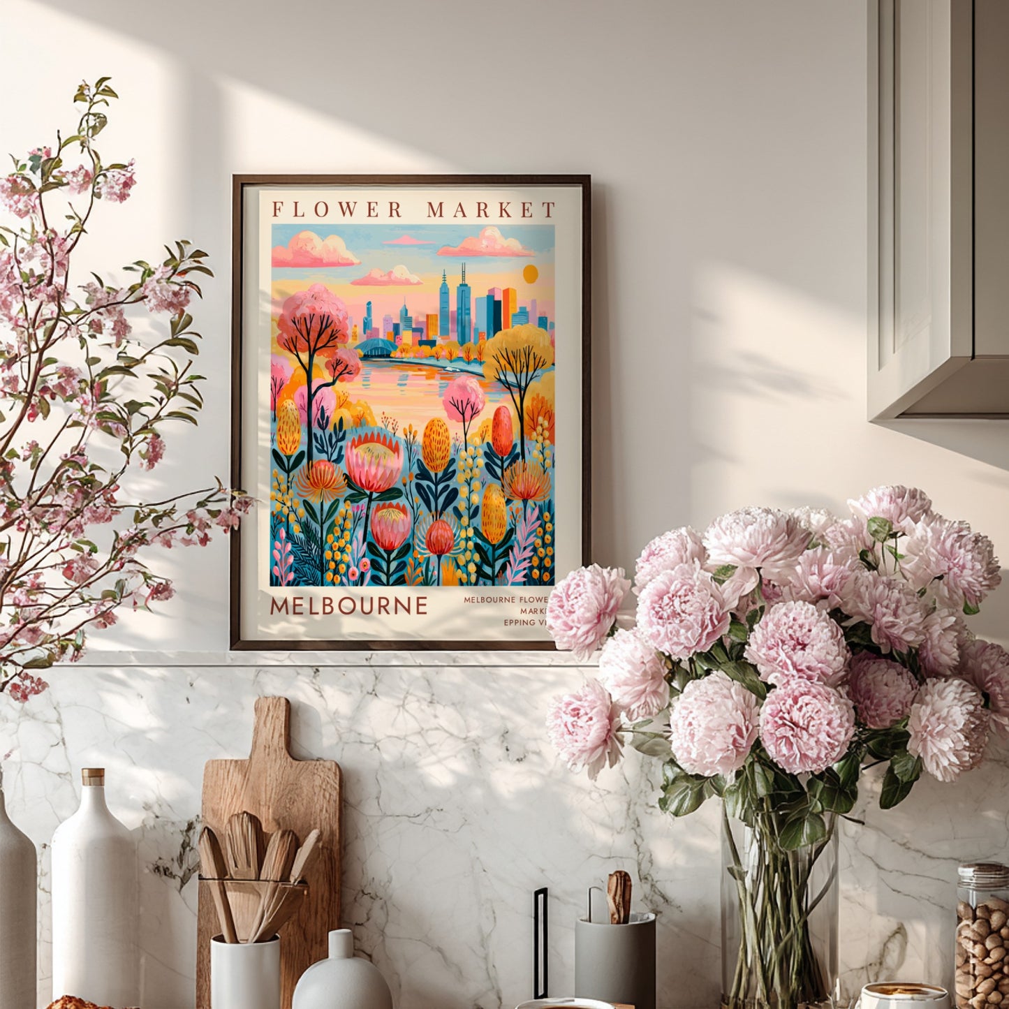 Flower market poster featuring colorful flowers and Melbourne city skyline in vibrant colors