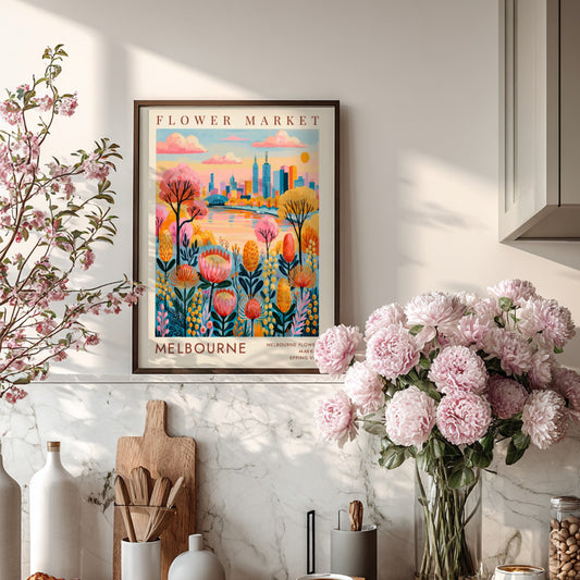 Flower market poster featuring colorful flowers and Melbourne city skyline in vibrant colors