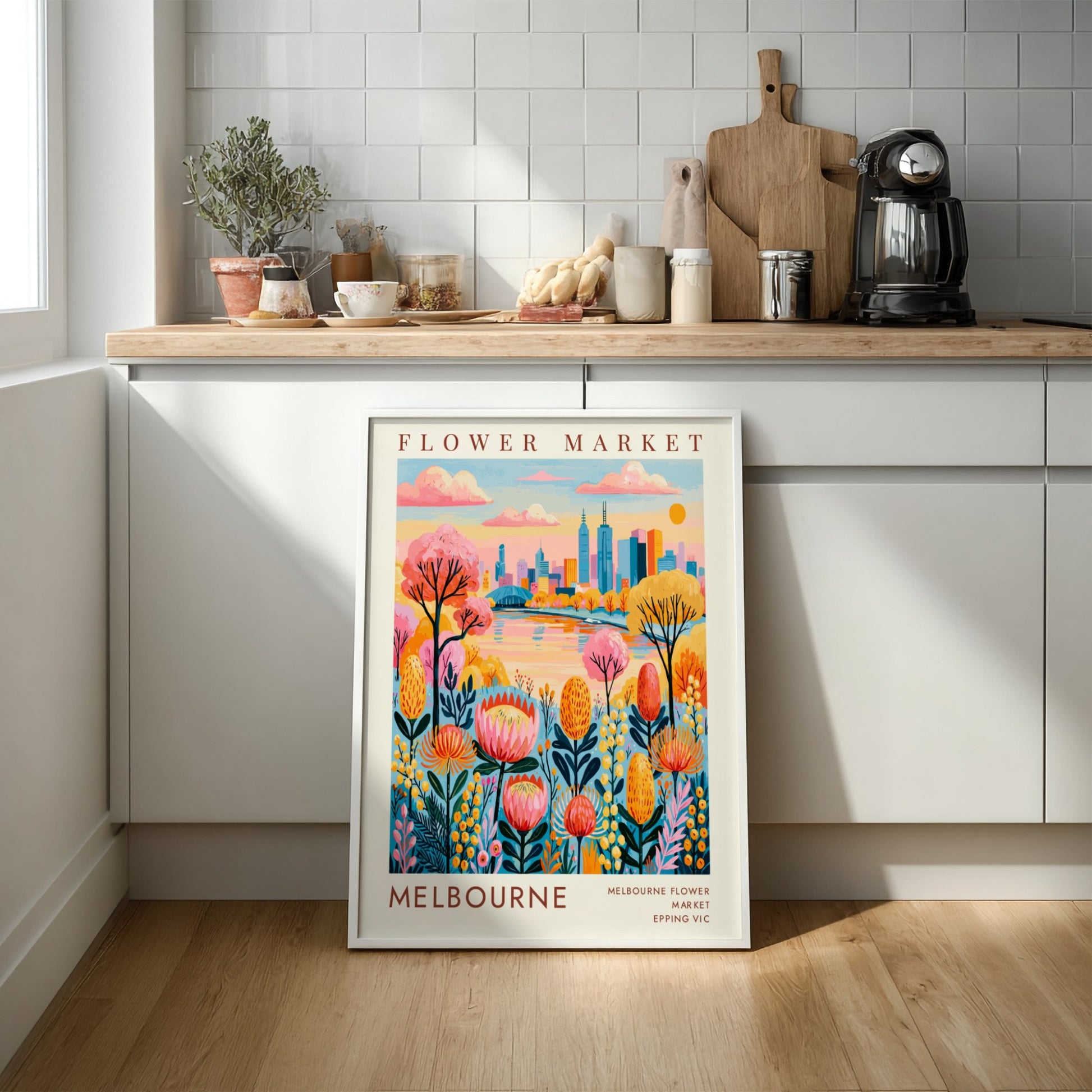 Flower market poster featuring colorful flowers and Melbourne city skyline in vibrant colors