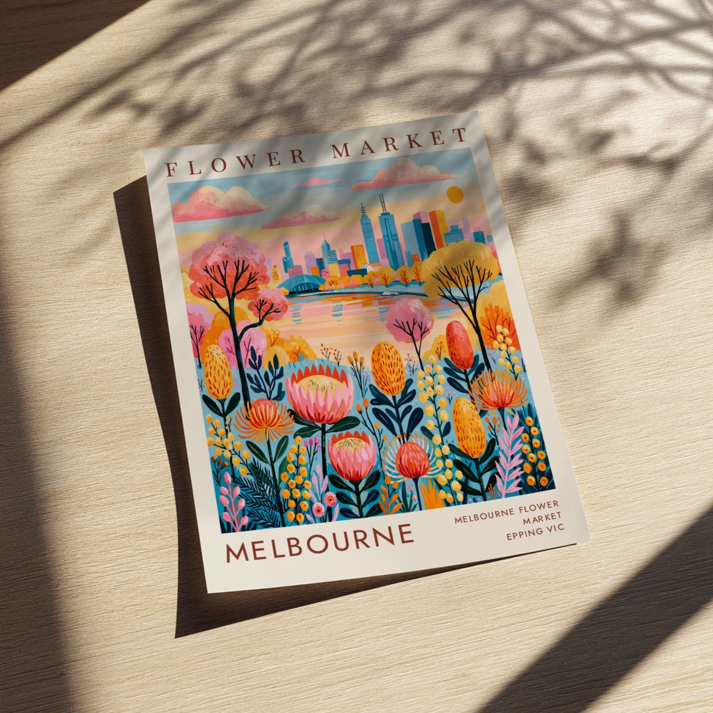 Flower market poster featuring colorful flowers and Melbourne city skyline in vibrant colors