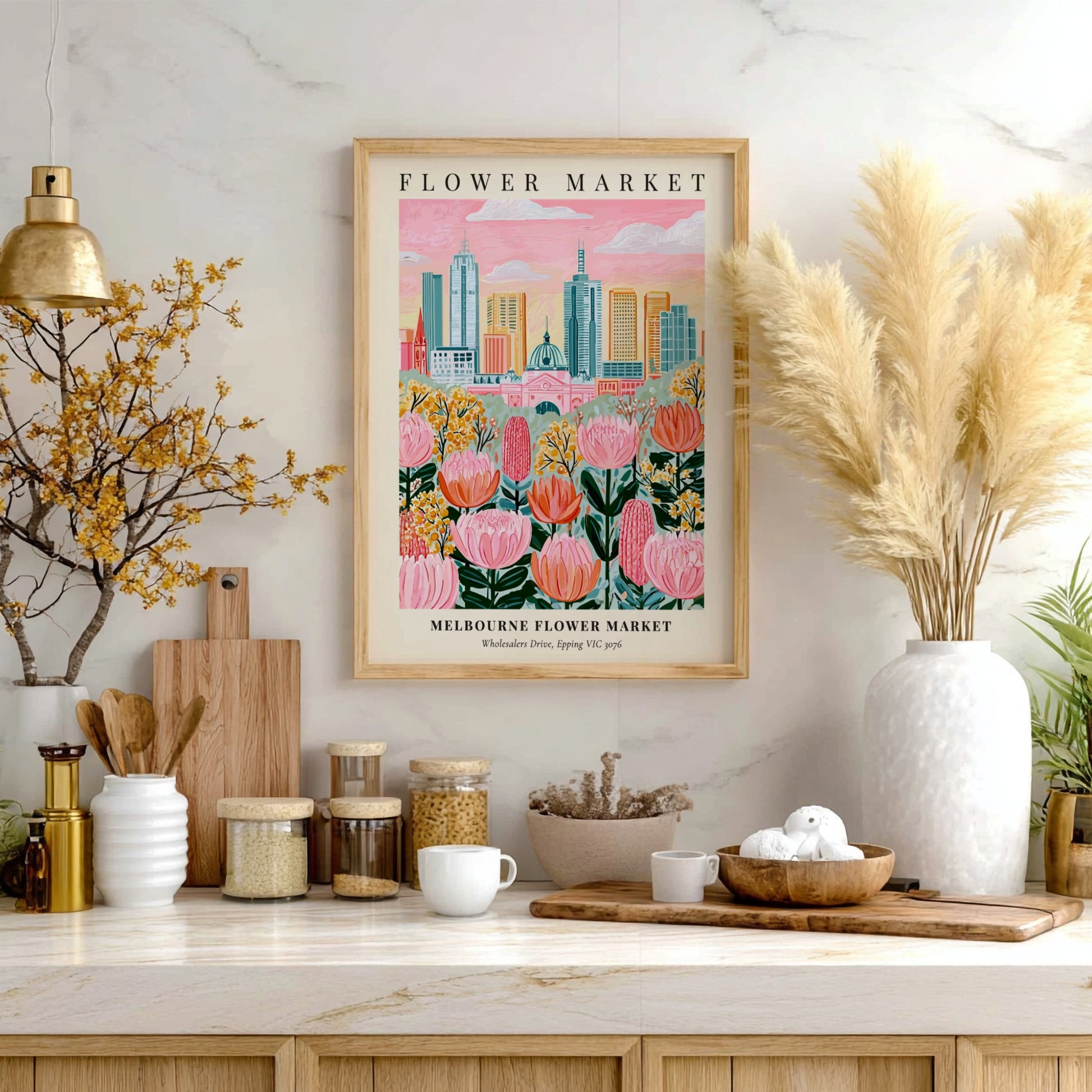 Melbourne Flower Market art print featuring colorful flowers and city skyline in a whimsical style