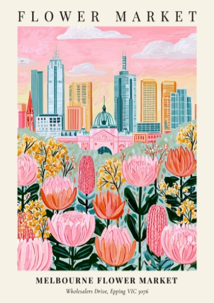 Melbourne Flower Market art print featuring colorful flowers and city skyline in a whimsical style