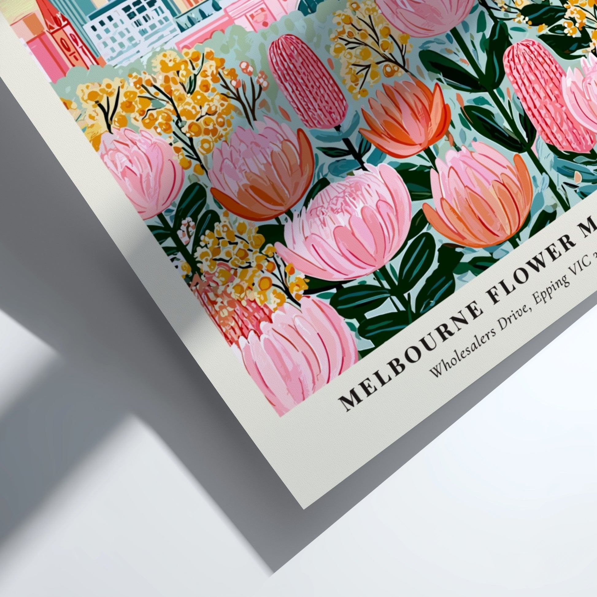 Melbourne Flower Market art print featuring colorful flowers and city skyline in a whimsical style
