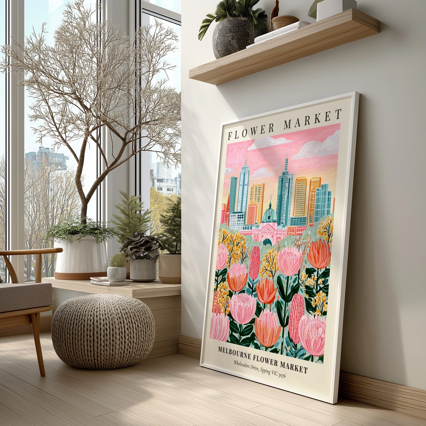 Melbourne Flower Market art print featuring colorful flowers and city skyline in a whimsical style