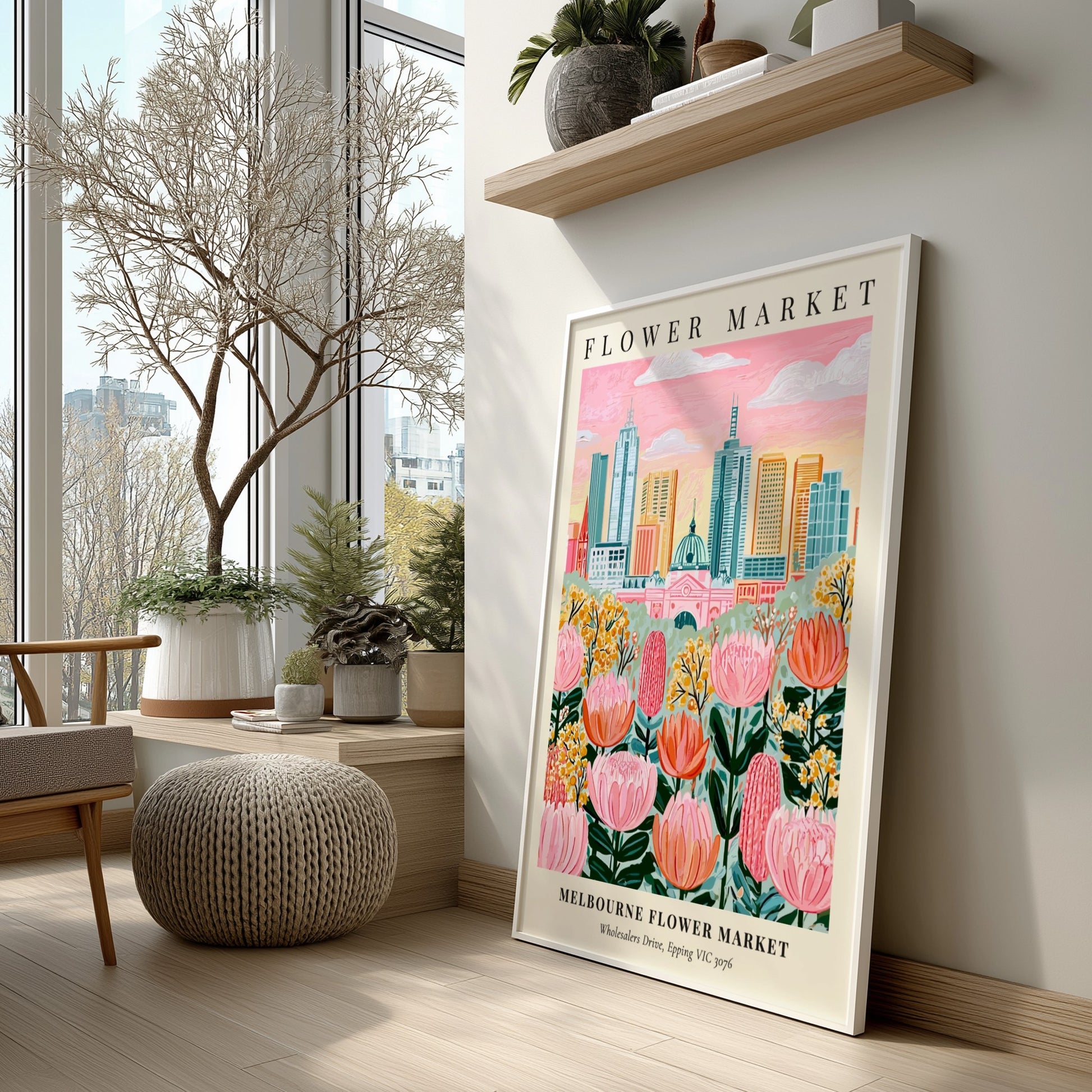 Melbourne Flower Market art print featuring colorful flowers and city skyline in a whimsical style
