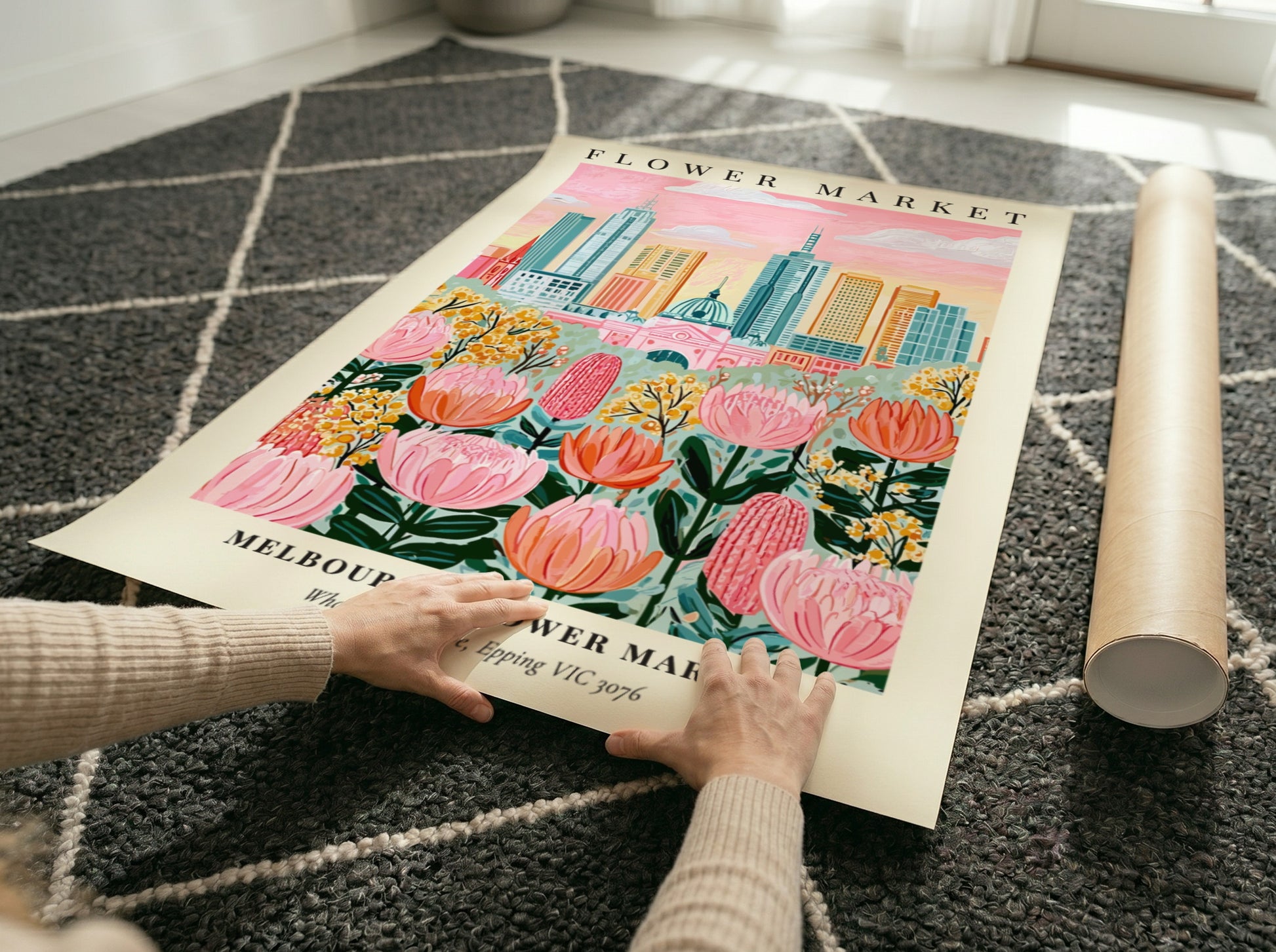 Melbourne Flower Market art print featuring colorful flowers and city skyline in a whimsical style