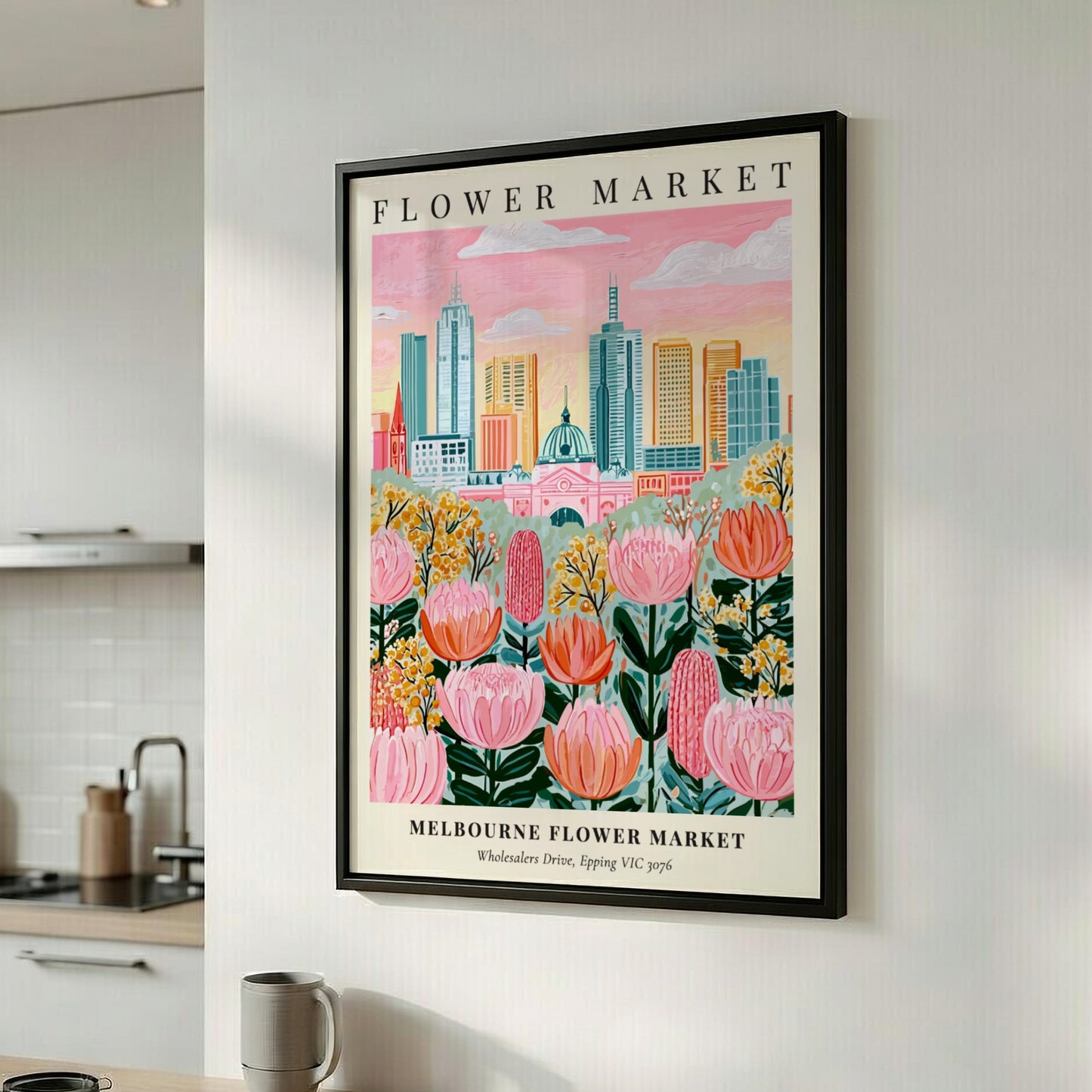 Melbourne Flower Market art print featuring colorful flowers and city skyline in a whimsical style