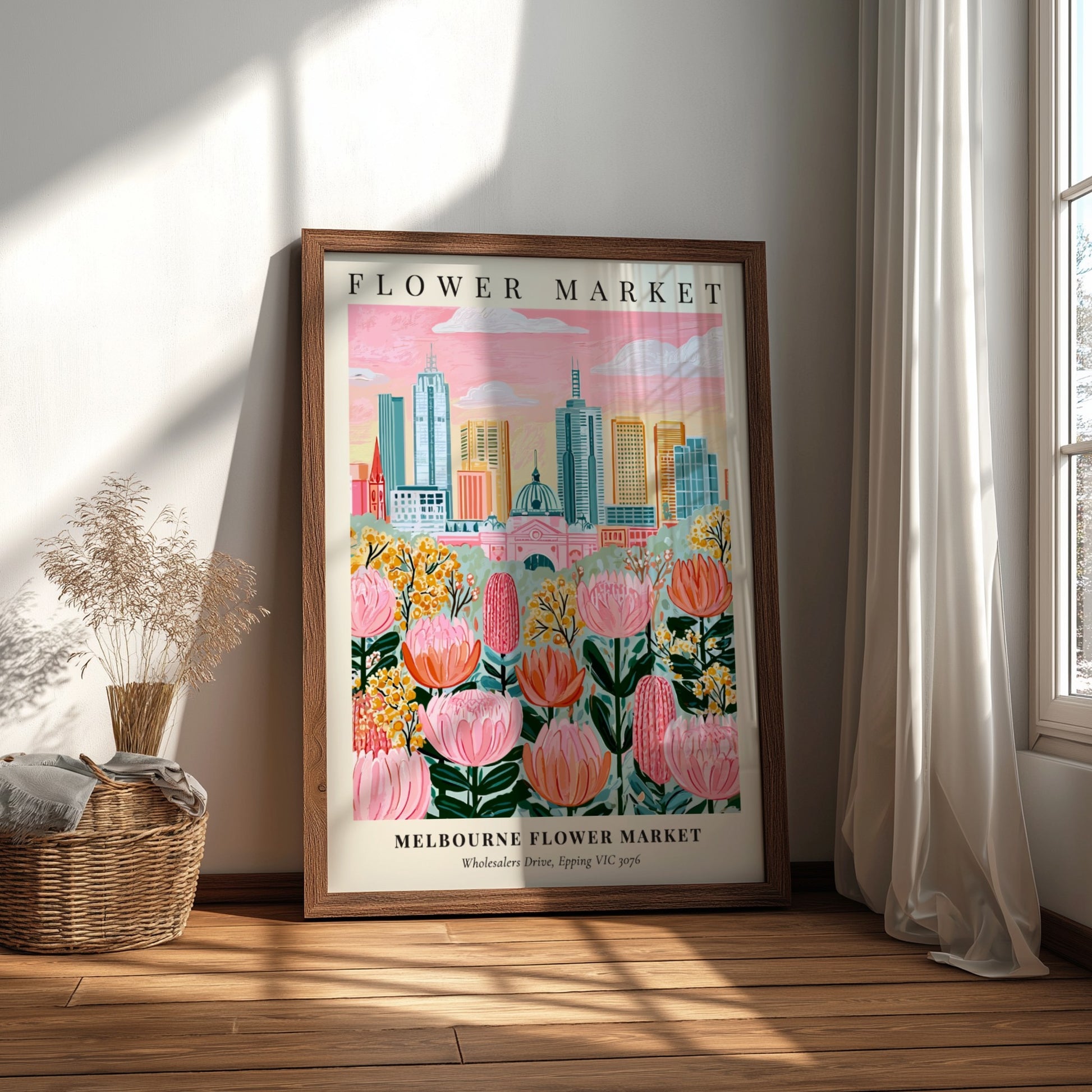 Melbourne Flower Market art print featuring colorful flowers and city skyline in a whimsical style