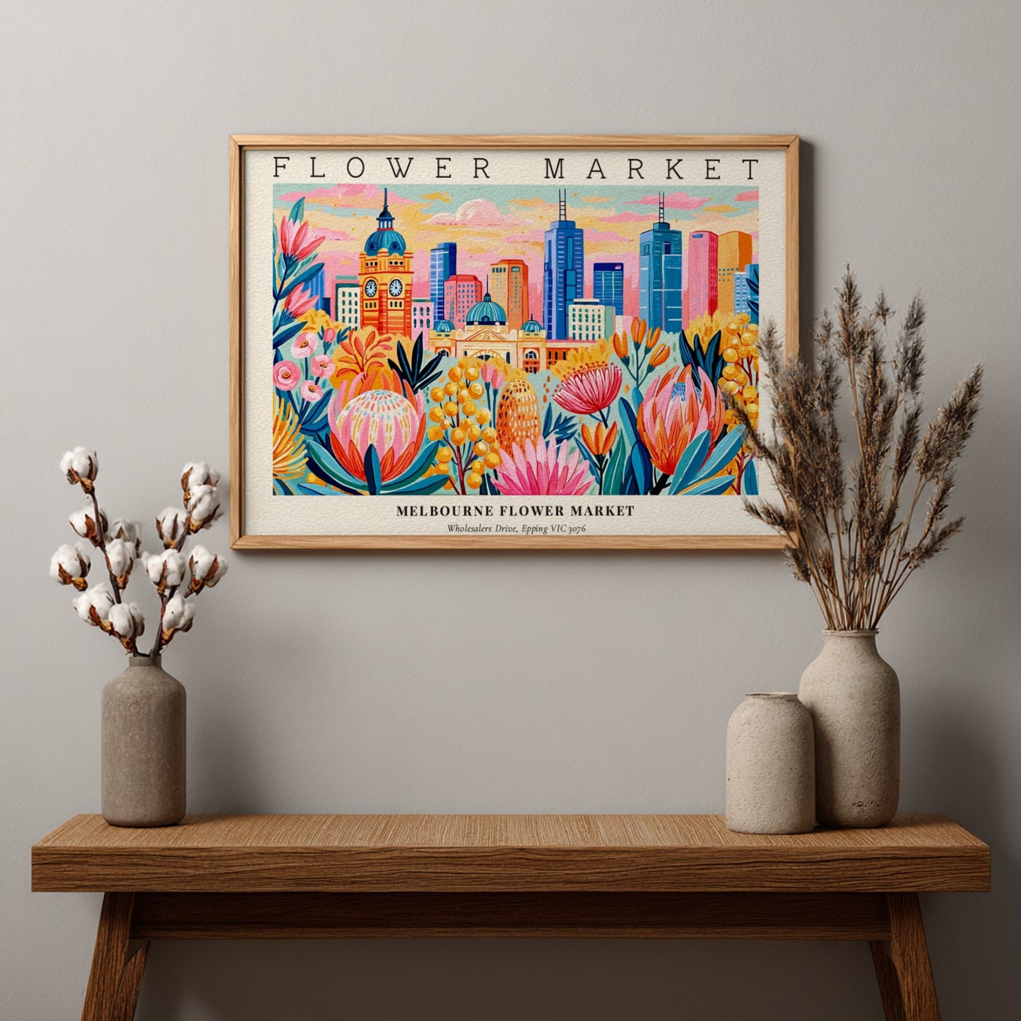 Melbourne flower market poster featuring vibrant floral designs and a city skyline in bright colors