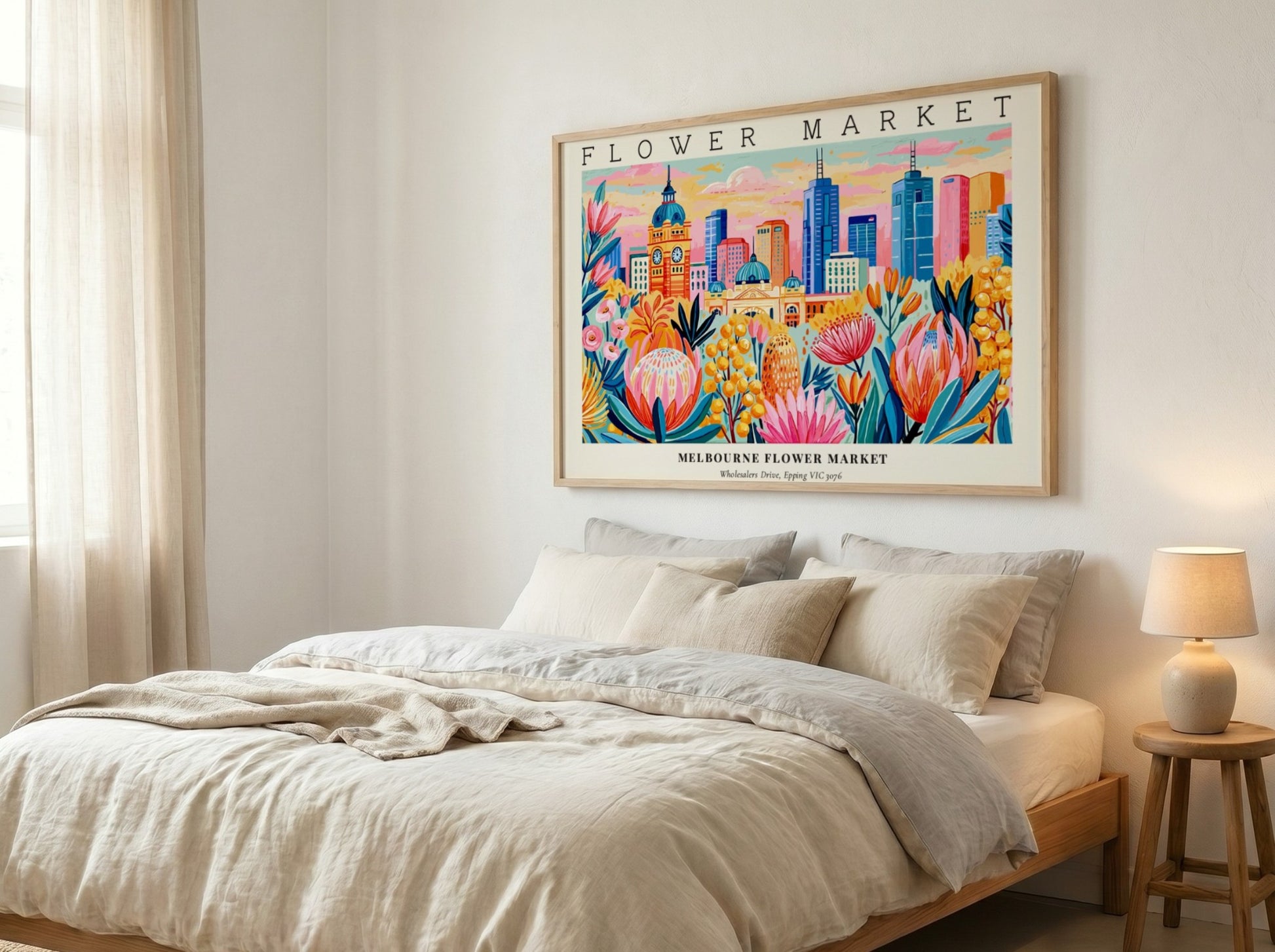 Melbourne flower market poster featuring vibrant floral designs and a city skyline in bright colors