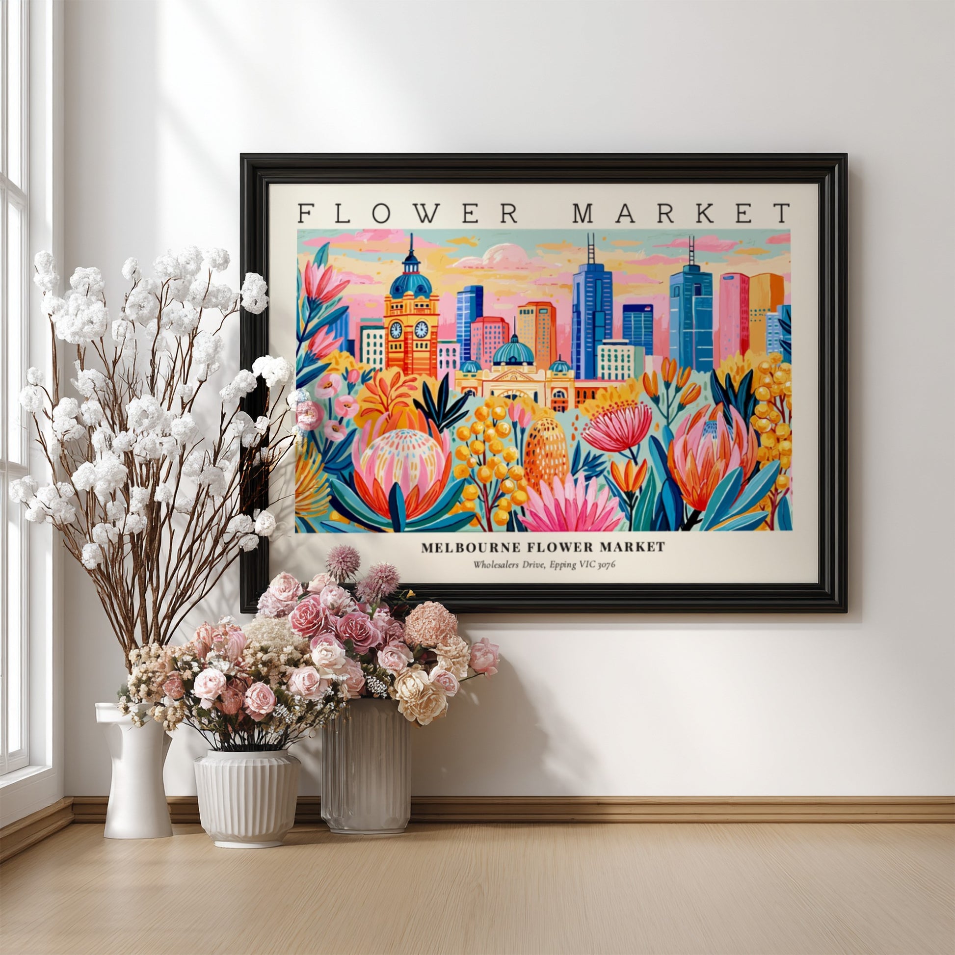 Melbourne flower market poster featuring vibrant floral designs and a city skyline in bright colors