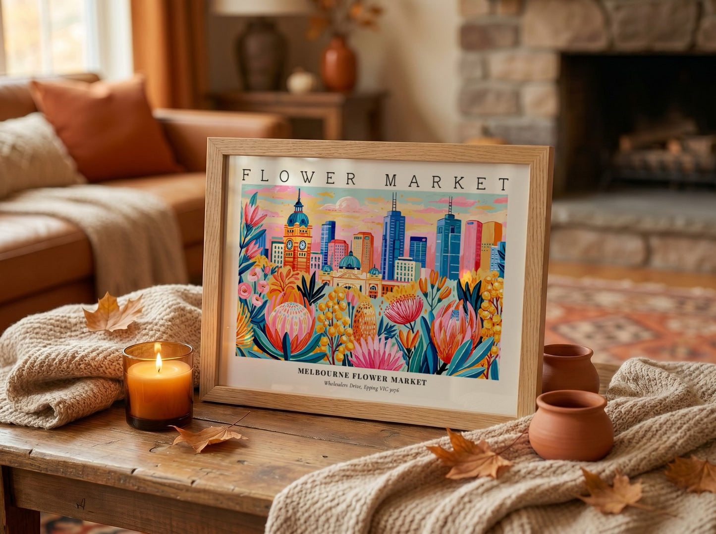 Melbourne flower market poster featuring vibrant flowers and city skyline in colorful style