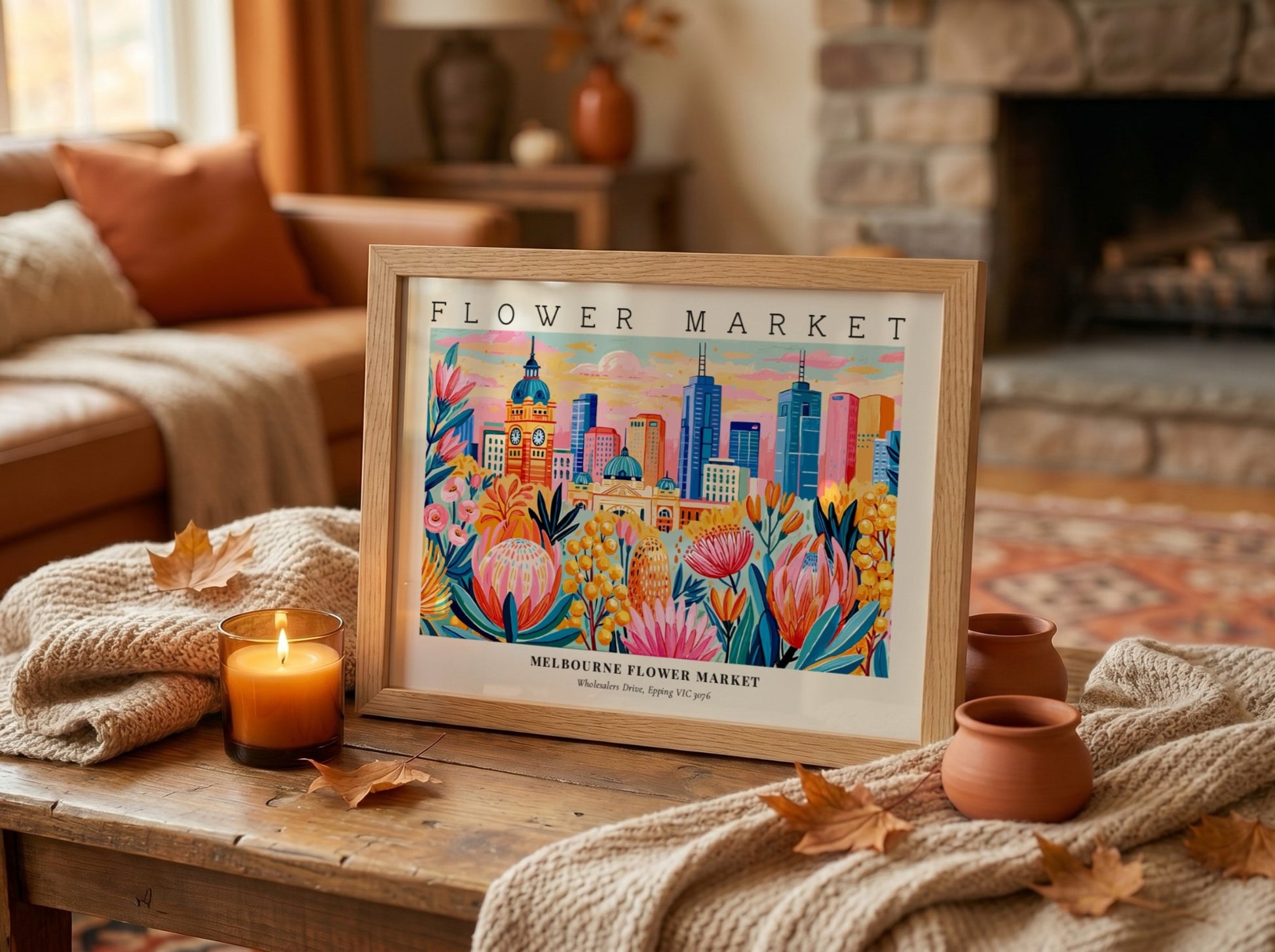 Melbourne flower market poster featuring vibrant flowers and city skyline in colorful style