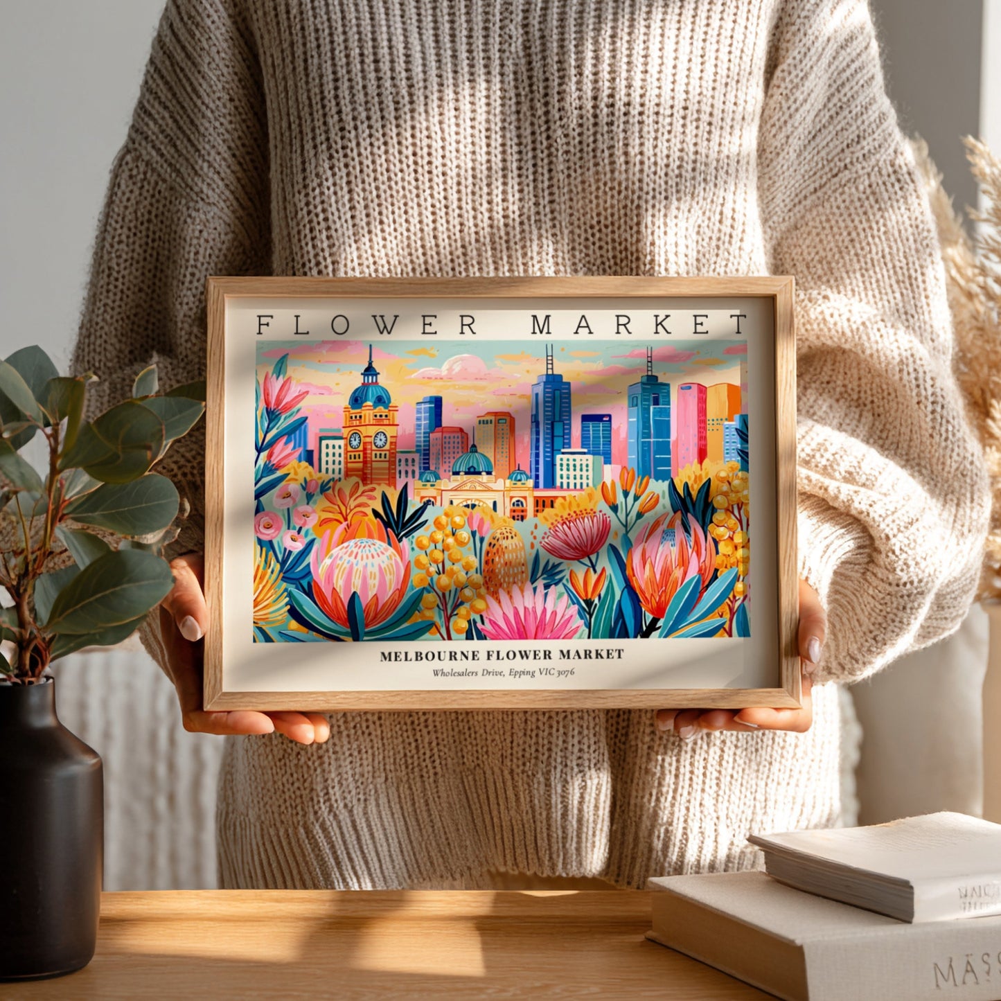 Melbourne flower market poster featuring vibrant floral designs and a city skyline in bright colors