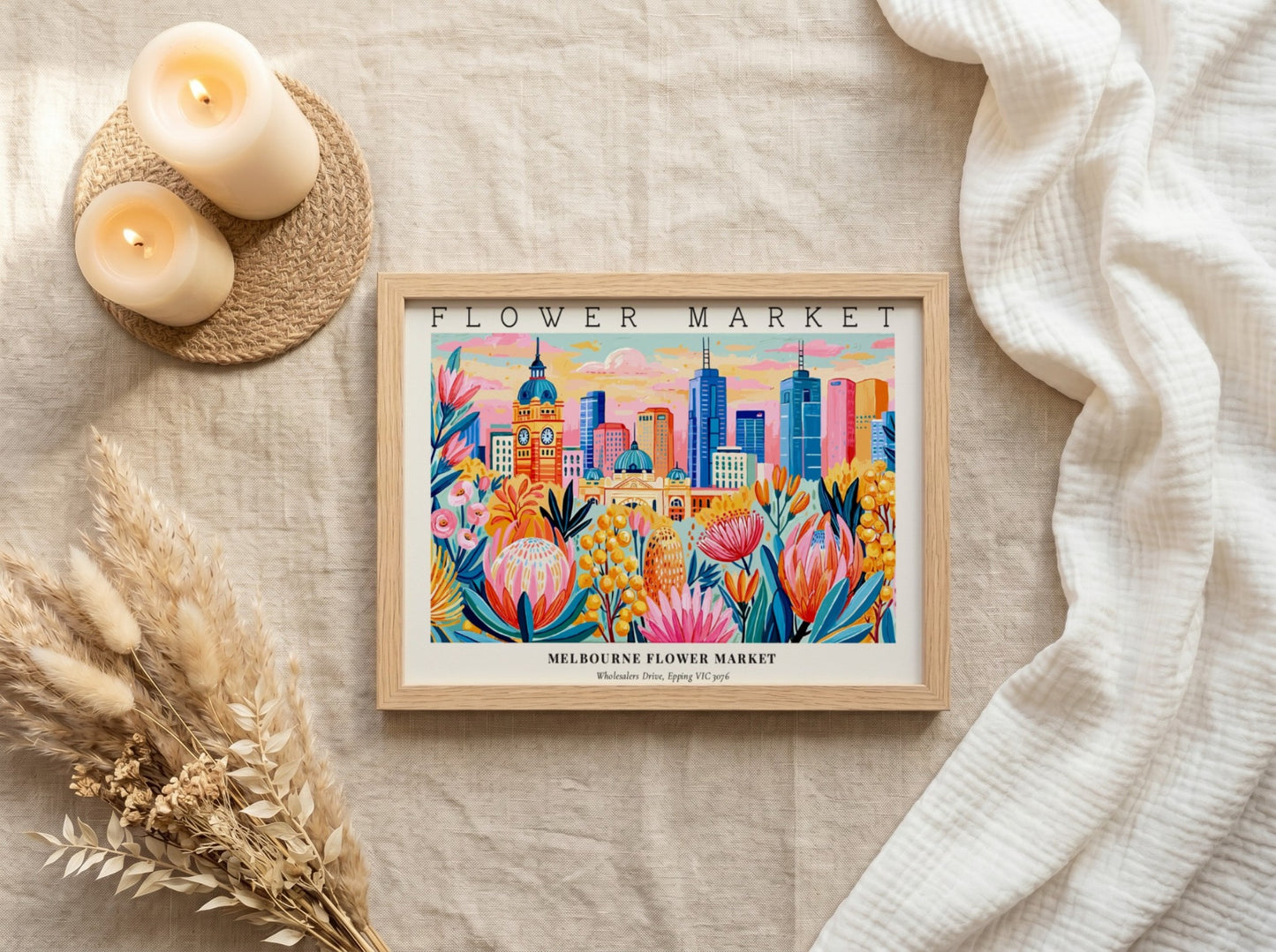 Melbourne flower market poster featuring vibrant floral designs and a city skyline in bright colors