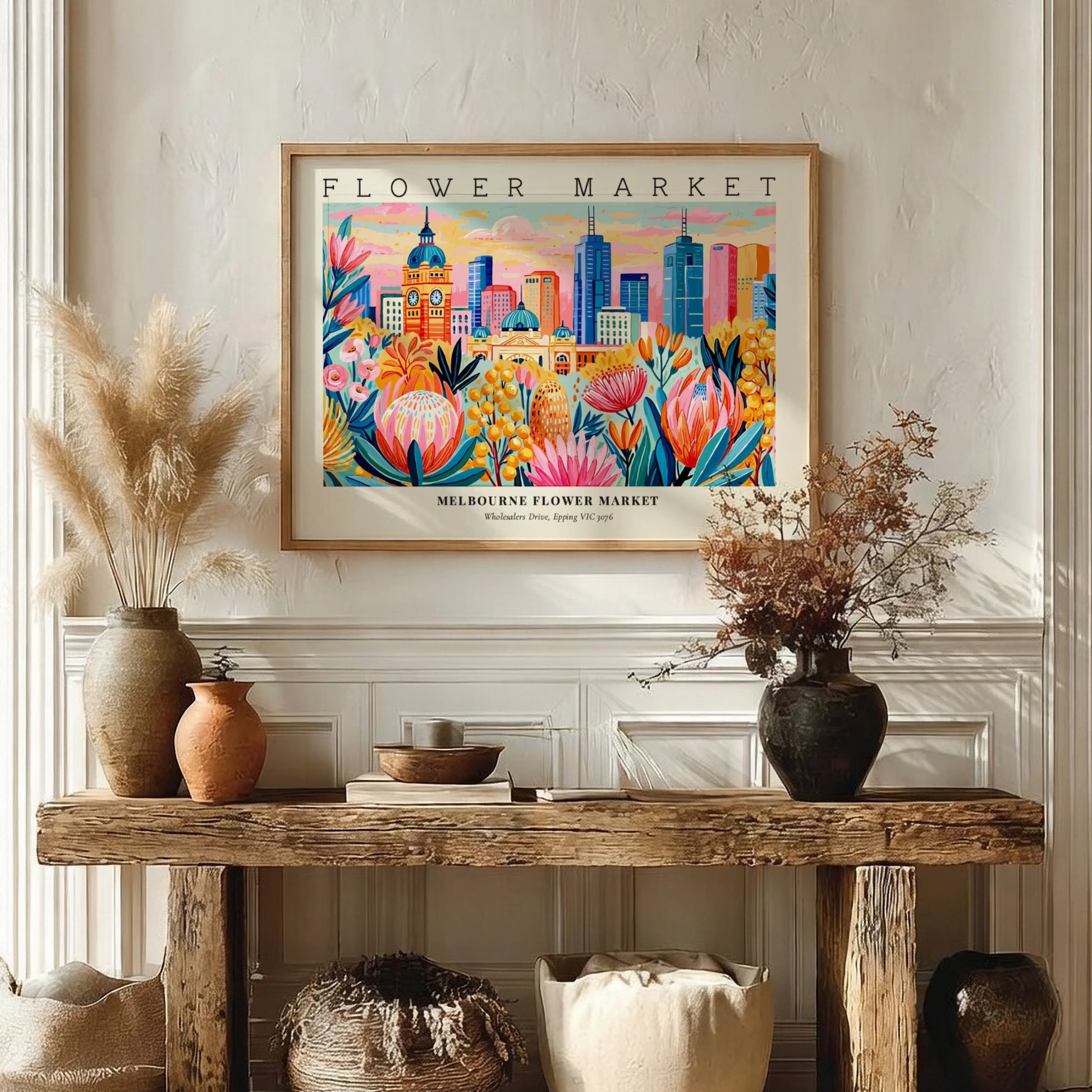 Melbourne flower market poster featuring vibrant flowers and city skyline in colorful style