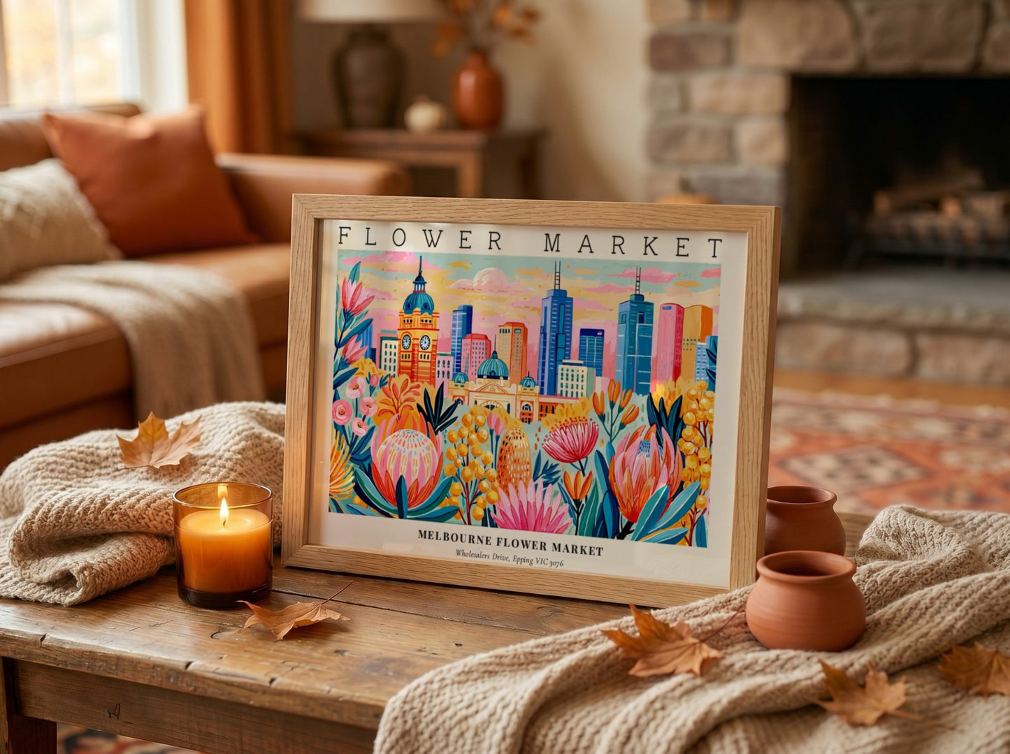 Melbourne flower market poster featuring vibrant floral designs and a city skyline in bright colors