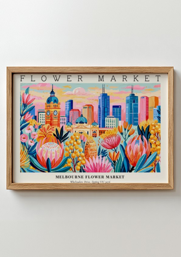 Melbourne flower market poster featuring vibrant floral designs and a city skyline in bright colors
