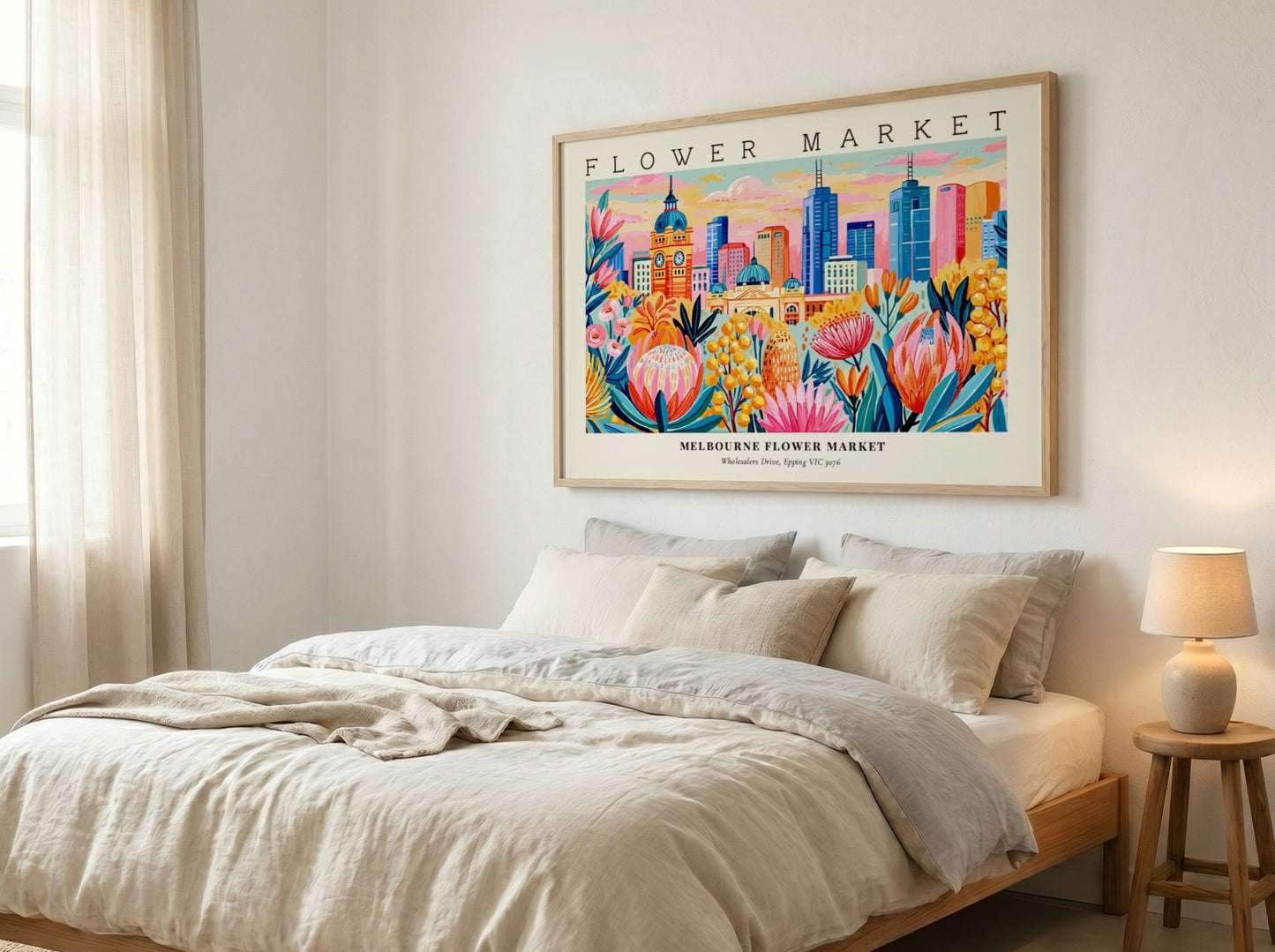 Melbourne flower market poster featuring vibrant flowers and city skyline in colorful style
