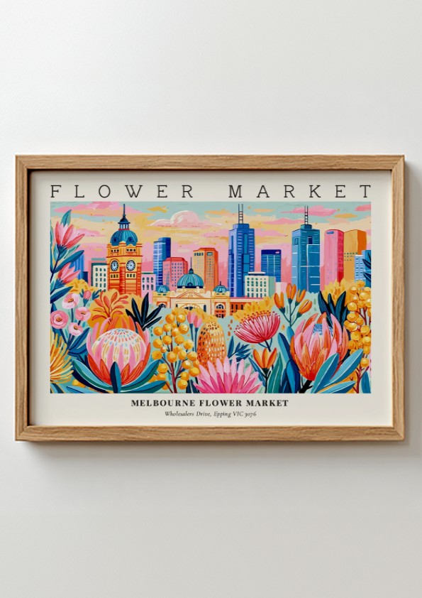 Melbourne flower market poster featuring vibrant flowers and city skyline in colorful style
