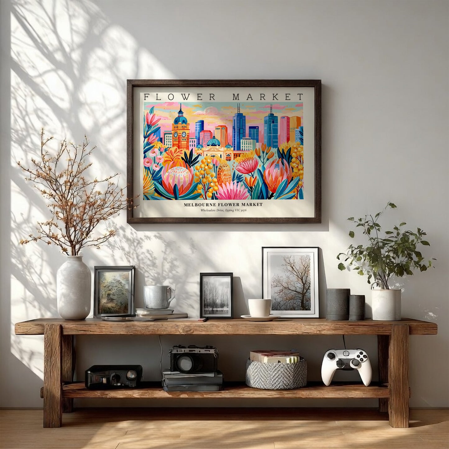 Melbourne flower market poster featuring vibrant flowers and city skyline in colorful style