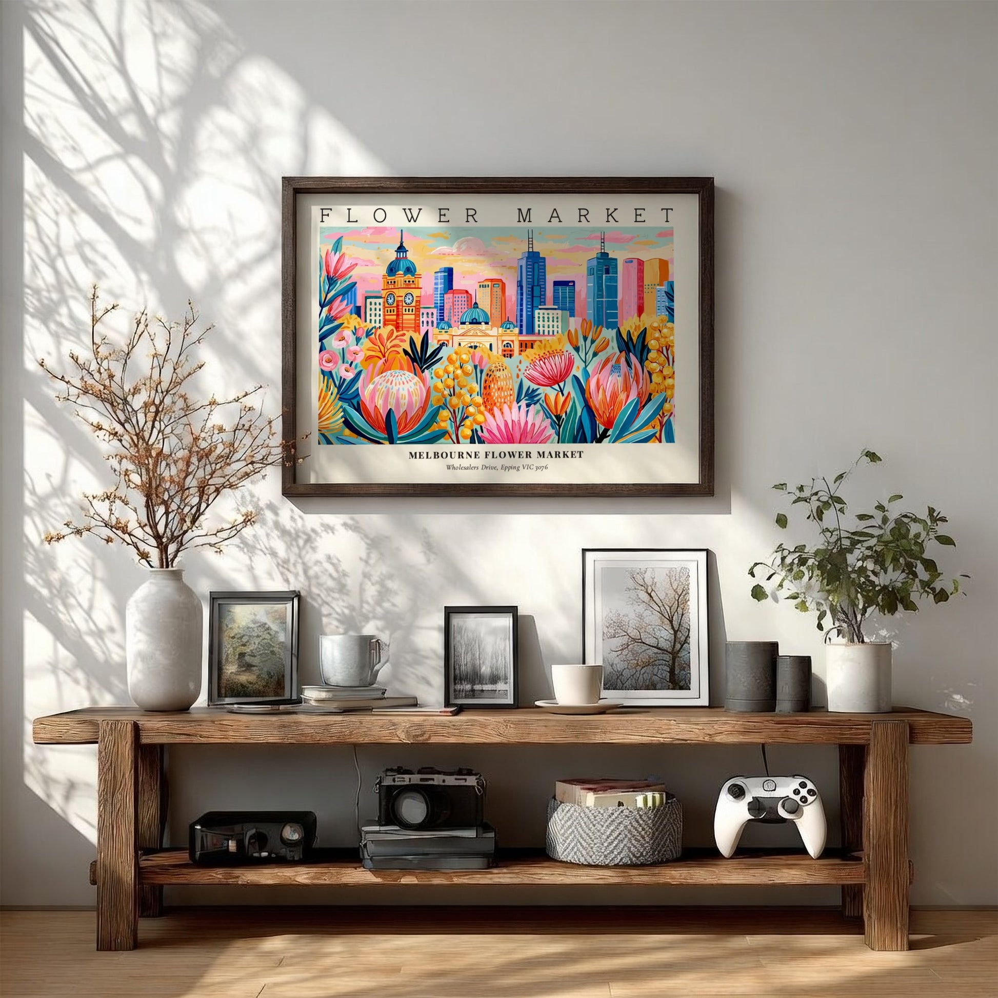 Melbourne flower market poster featuring vibrant flowers and city skyline in colorful style