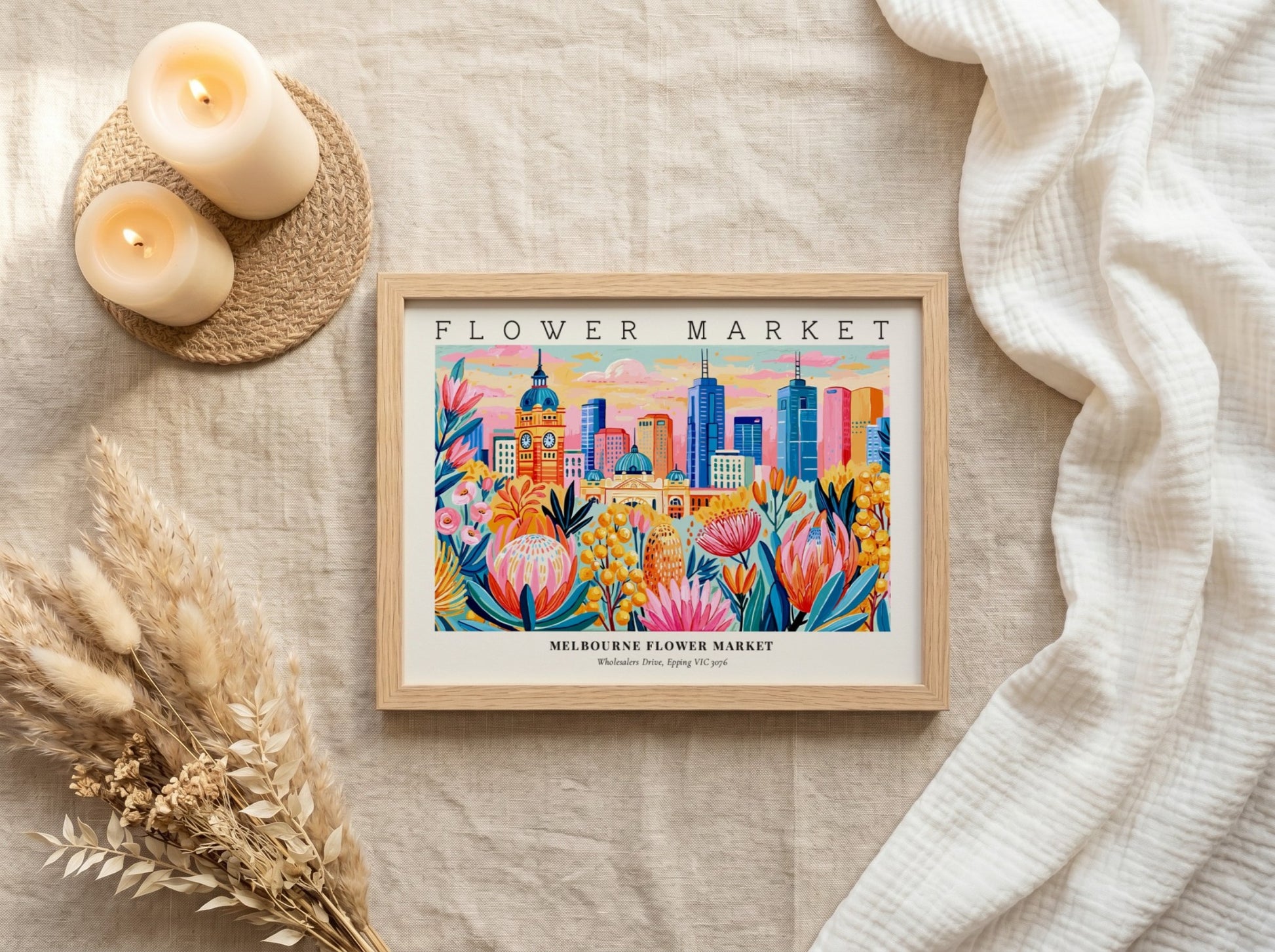 Melbourne flower market poster featuring vibrant flowers and city skyline in colorful style