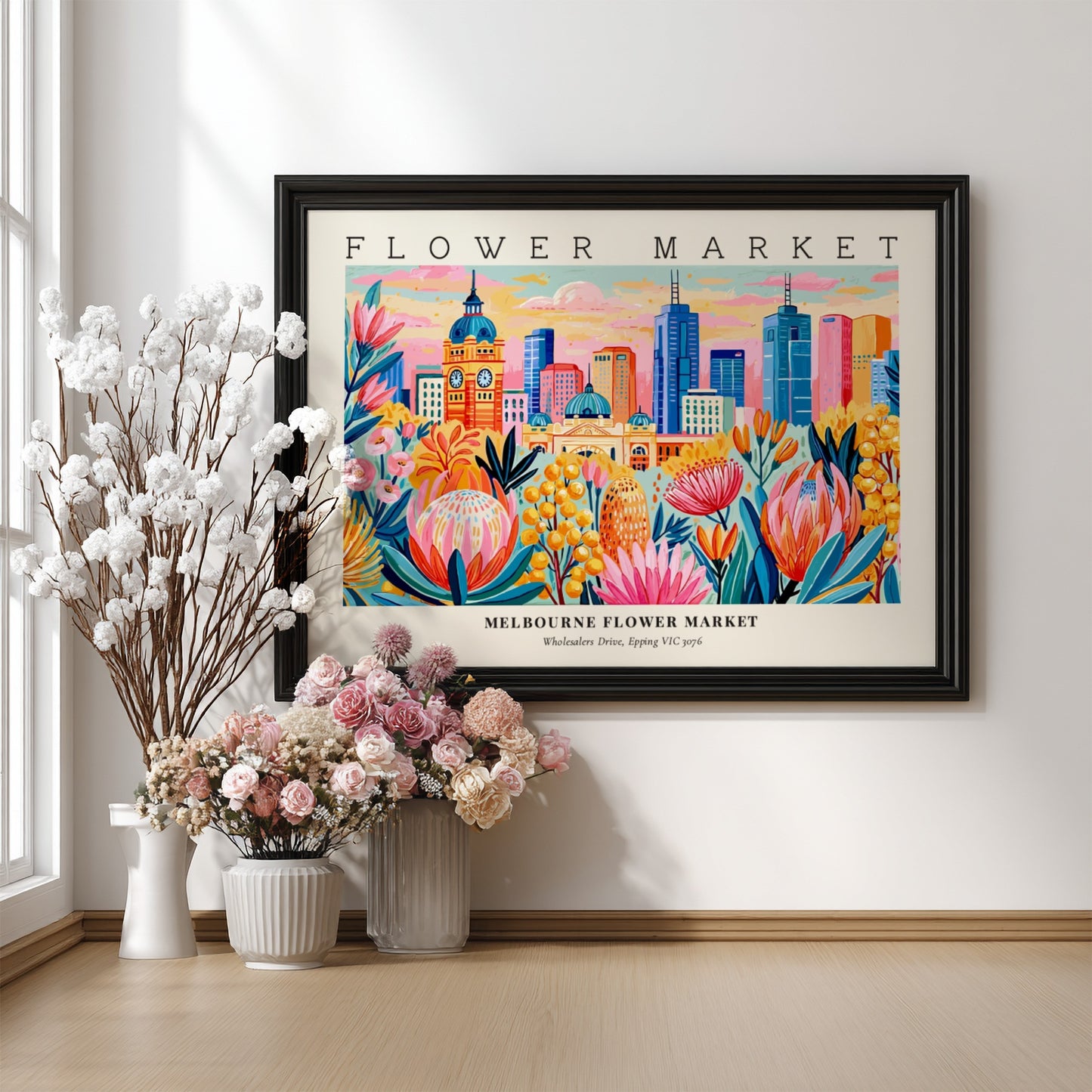 Melbourne flower market poster featuring vibrant flowers and city skyline in colorful style