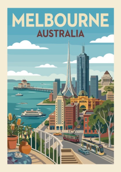 Vintage Melbourne Australia travel poster featuring city skyline, trams, and waterfront in a retro style.