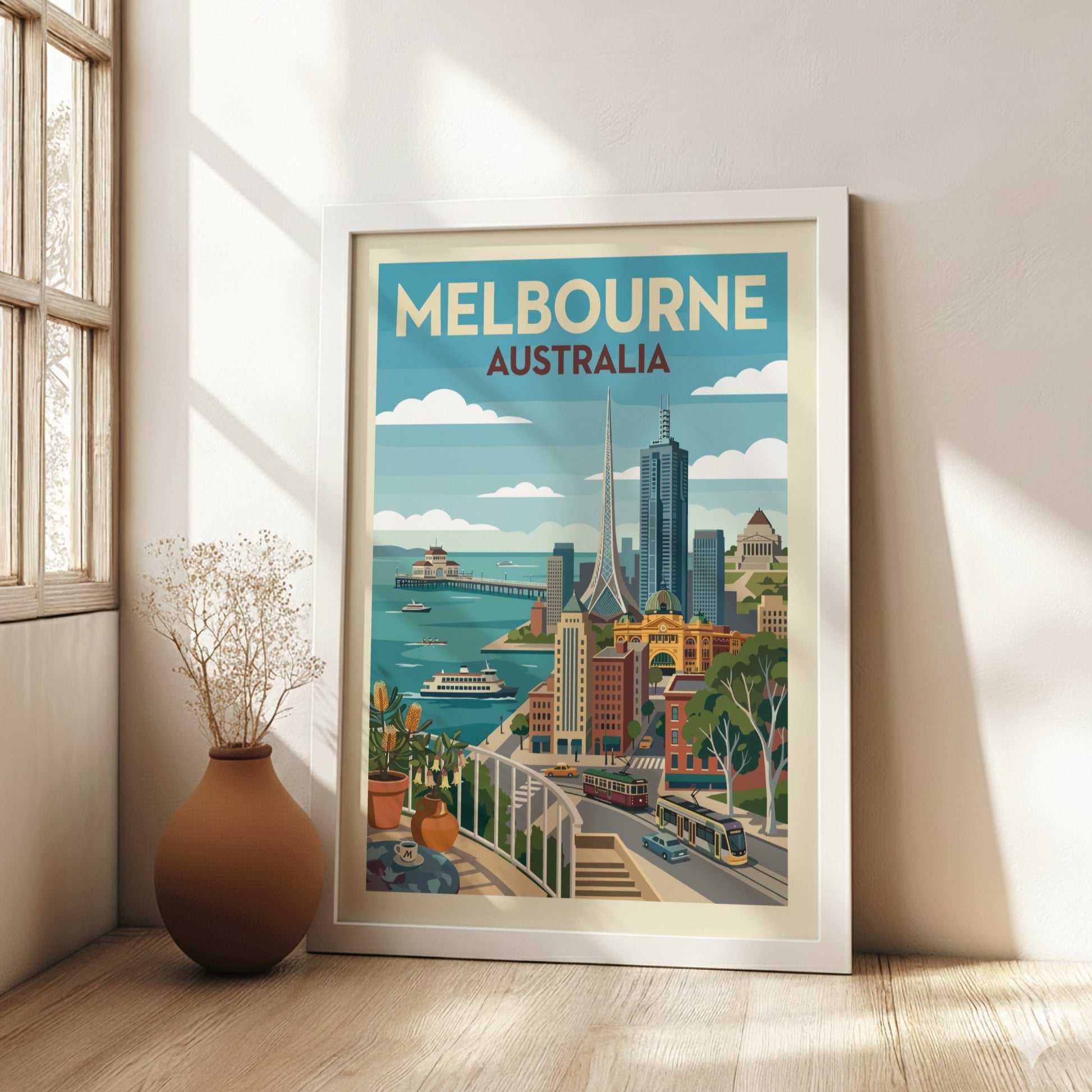 Vintage Melbourne Australia travel poster featuring city skyline, trams, and waterfront in a retro style.
