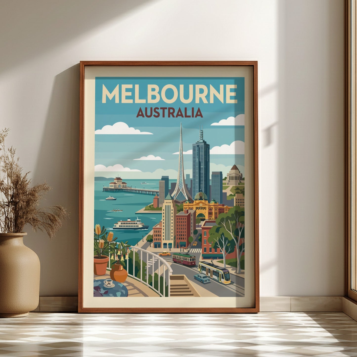Vintage Melbourne Australia travel poster featuring city skyline, trams, and waterfront in a retro style.