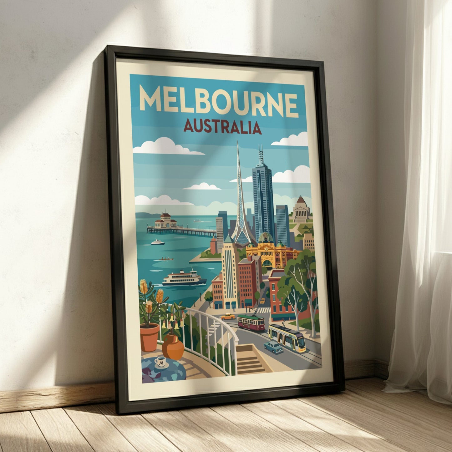 Vintage Melbourne Australia travel poster featuring city skyline, trams, and waterfront in a retro style.
