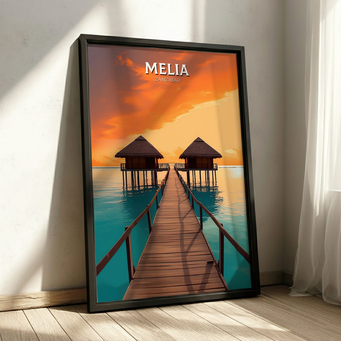 Framed poster of a dock leading to overwater bungalows with 'Melia' branding.