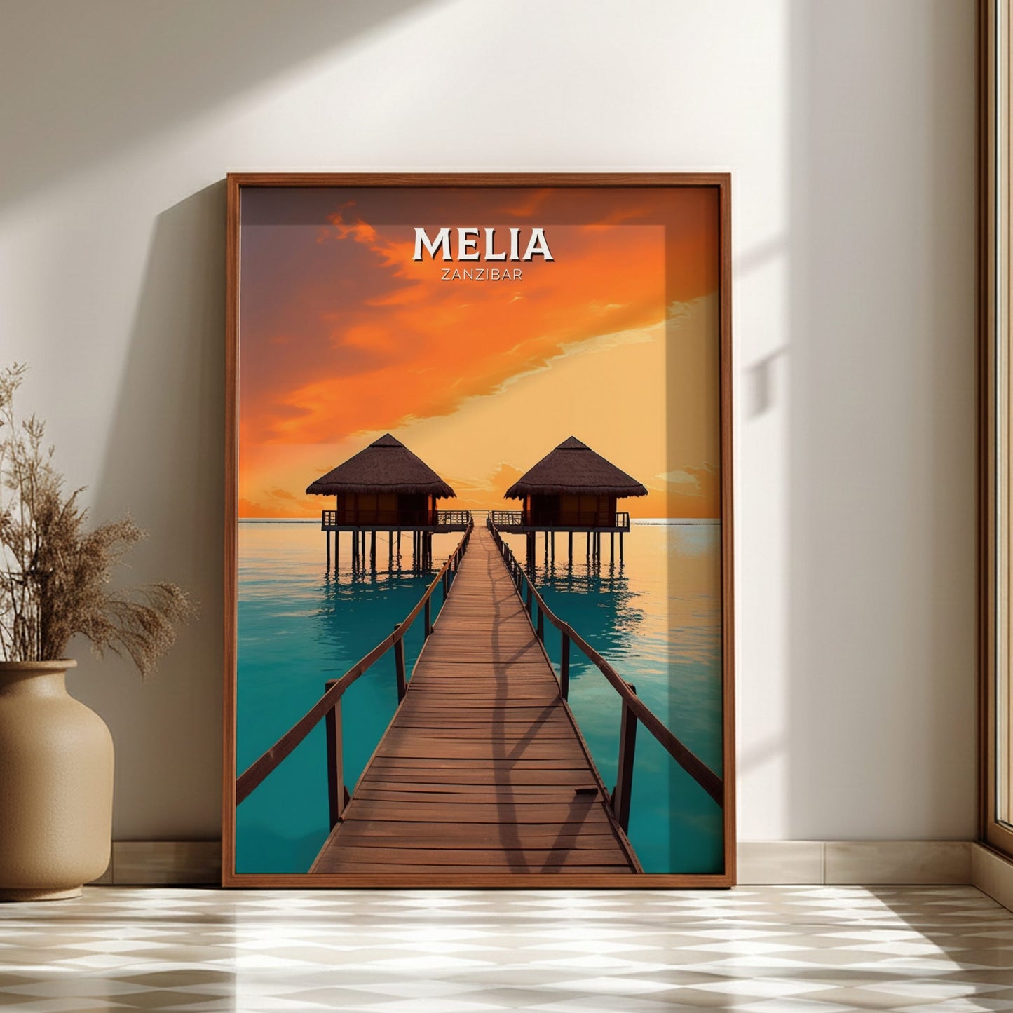 Framed artwork of a tropical scene with a dock and huts, featuring the Melia logo.