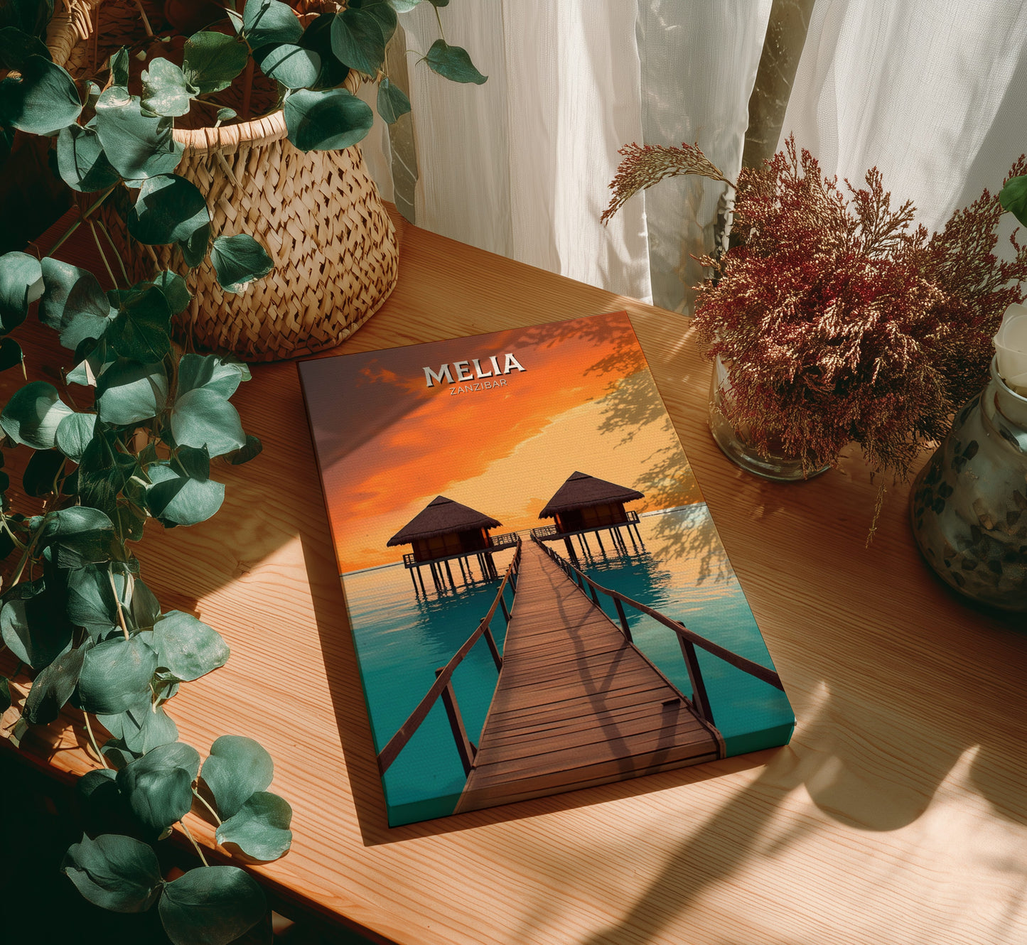 Book titled 'Melia' on a wooden table with plants around